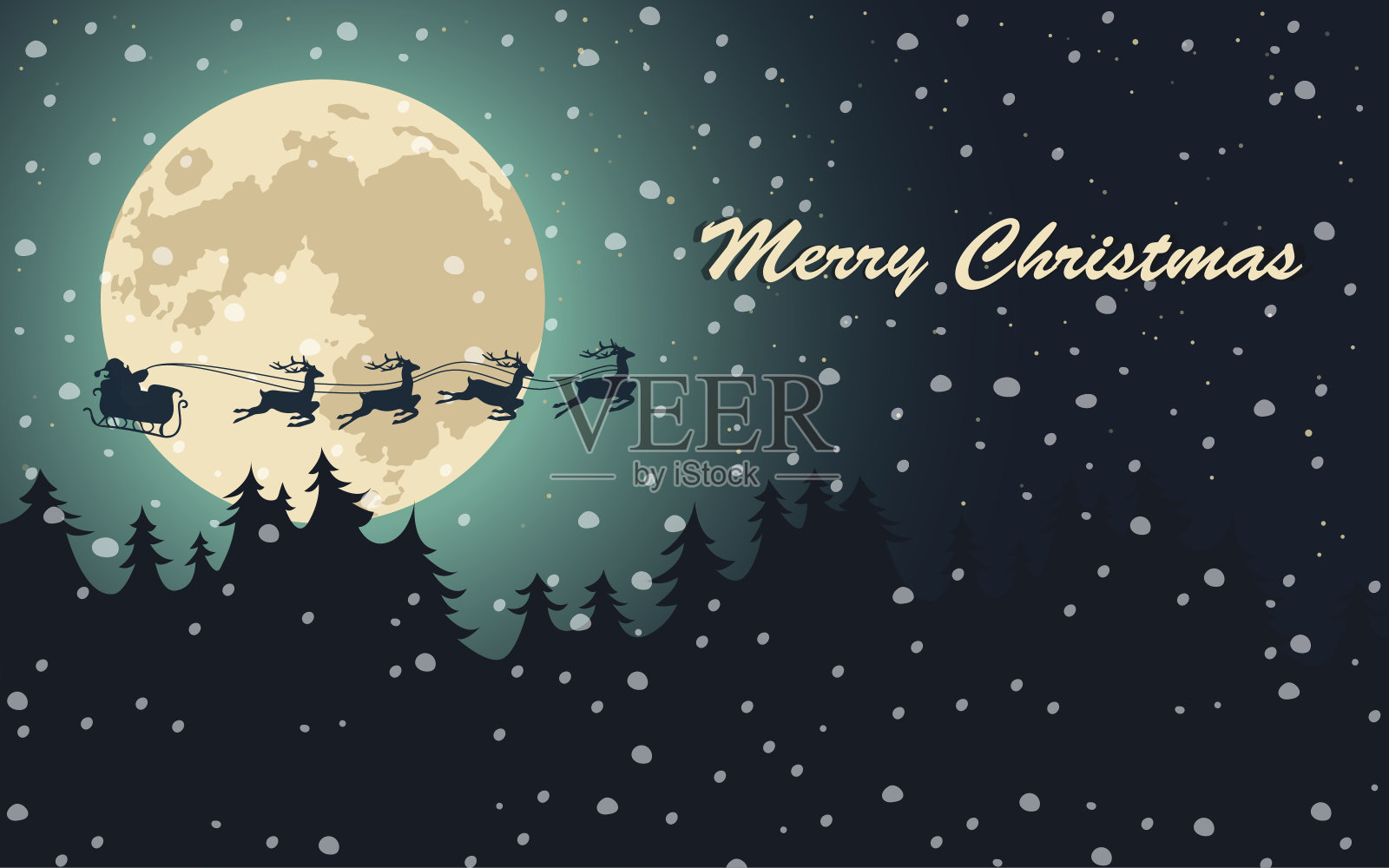背景有圣诞老人和雪橇，圣诞树，星星和雪花。圣诞快乐的海报。平面向量插图。插画图片素材