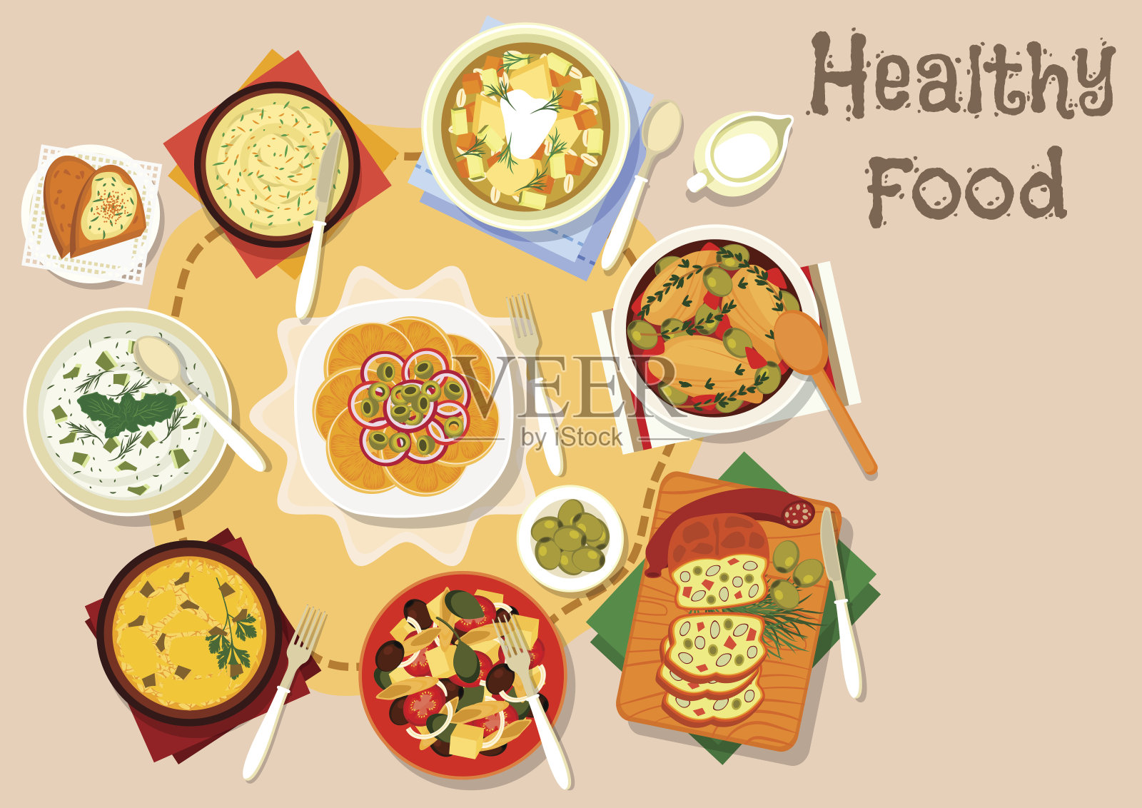 有橄榄和海葵图标的健康菜肴插画图片素材