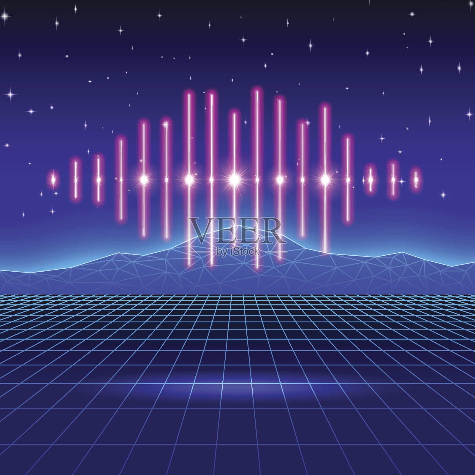 复古游戏霓虹灯背景与闪亮的音乐波插画图片素材