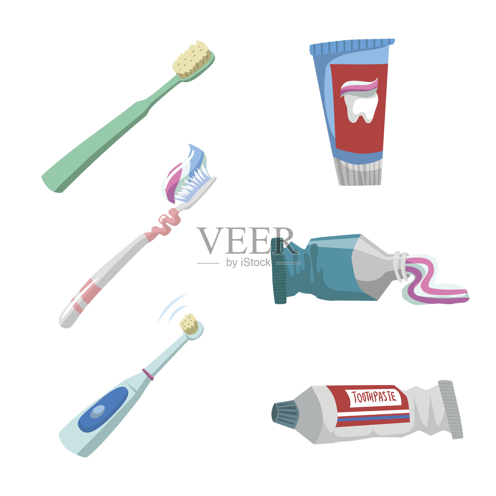 卡通平面风格的牙齿护理图标集。牙膏管和不同的牙刷。电超声波牙刷。插画图片素材