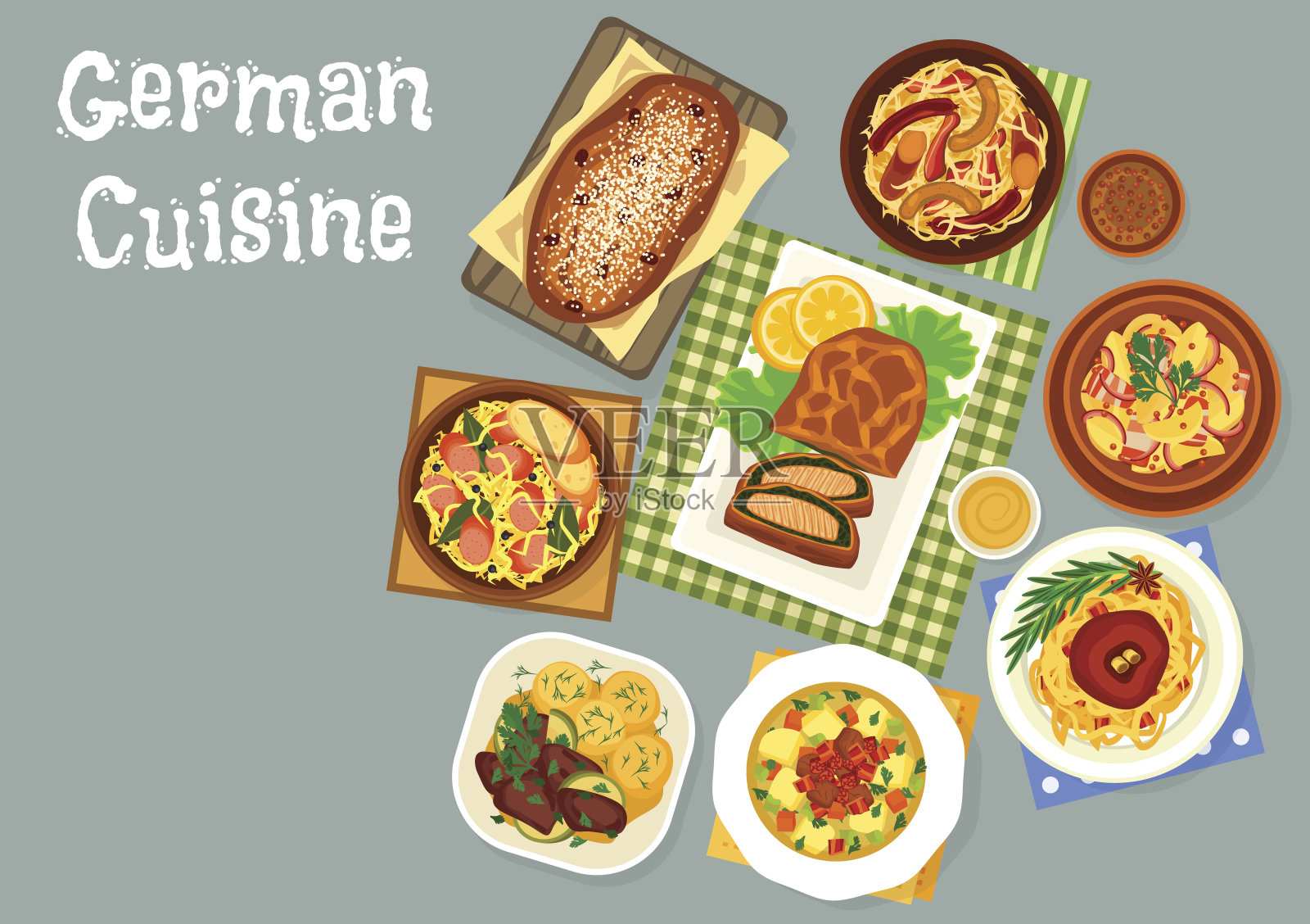 德国菜肉和鱼晚餐菜肴图标插画图片素材