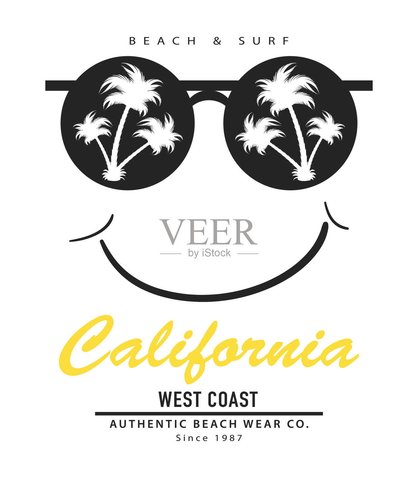 太阳镜与棕榈树夏季度假海滩概念t恤图形矢量打印设计插画图片素材