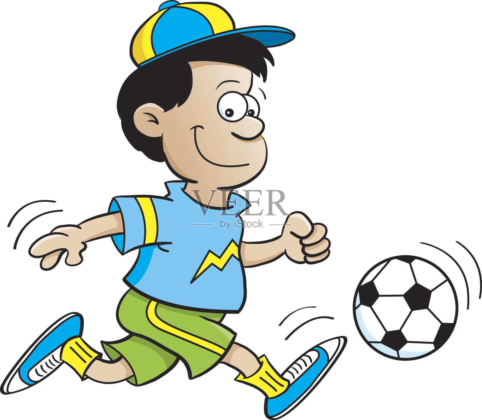 卡通男孩在踢足球。插画图片素材