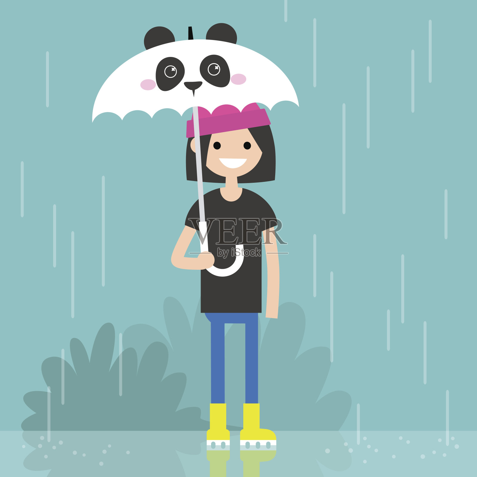 年轻微笑的女性角色拿着一把雨伞与熊猫口/平面可编辑矢量插图，剪辑艺术插画图片素材