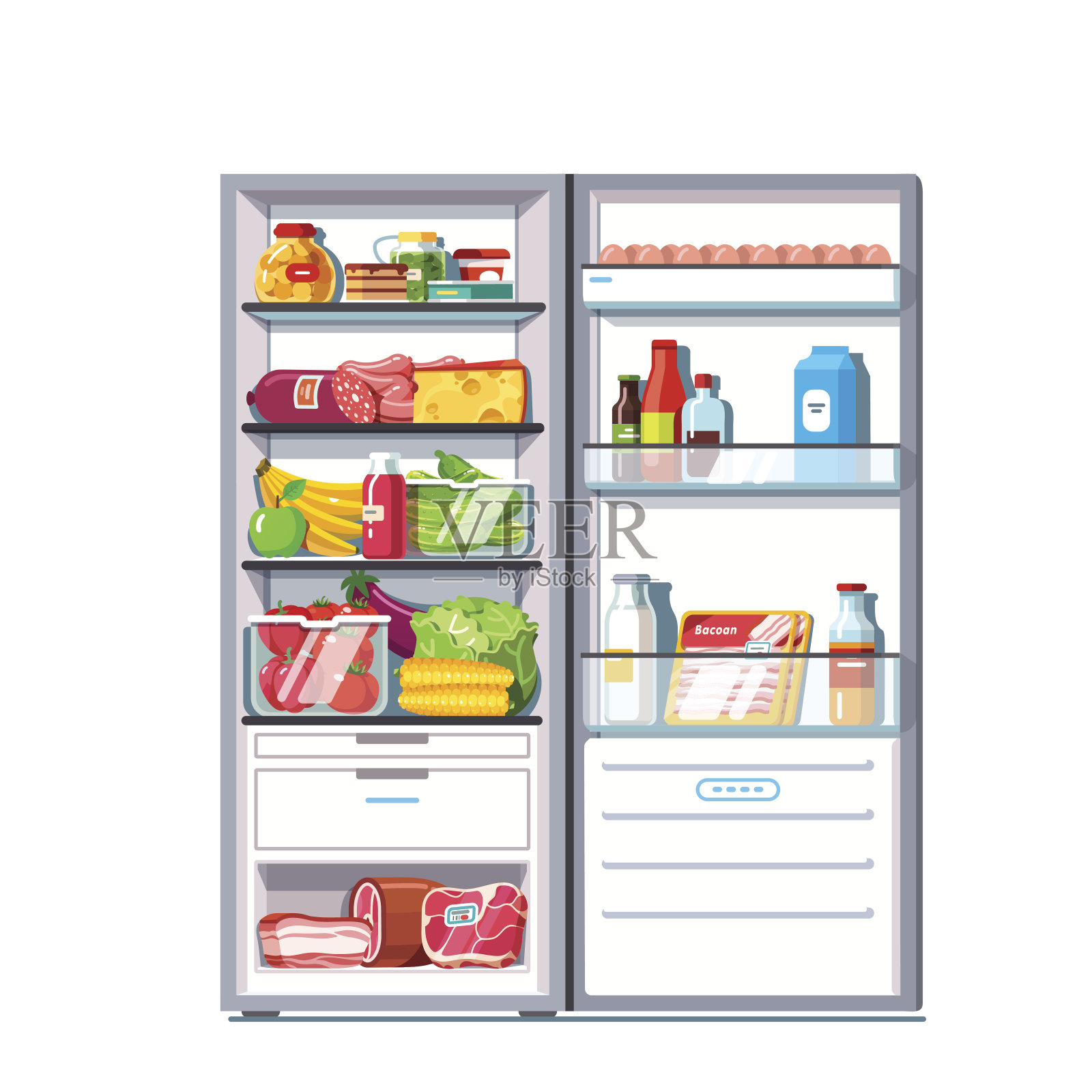 打开冰箱的门，里面装满了蔬菜、水果插画图片素材
