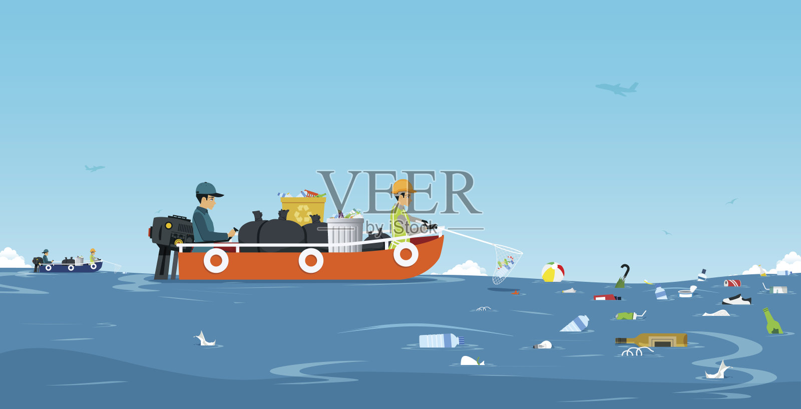 海洋垃圾船插画图片素材