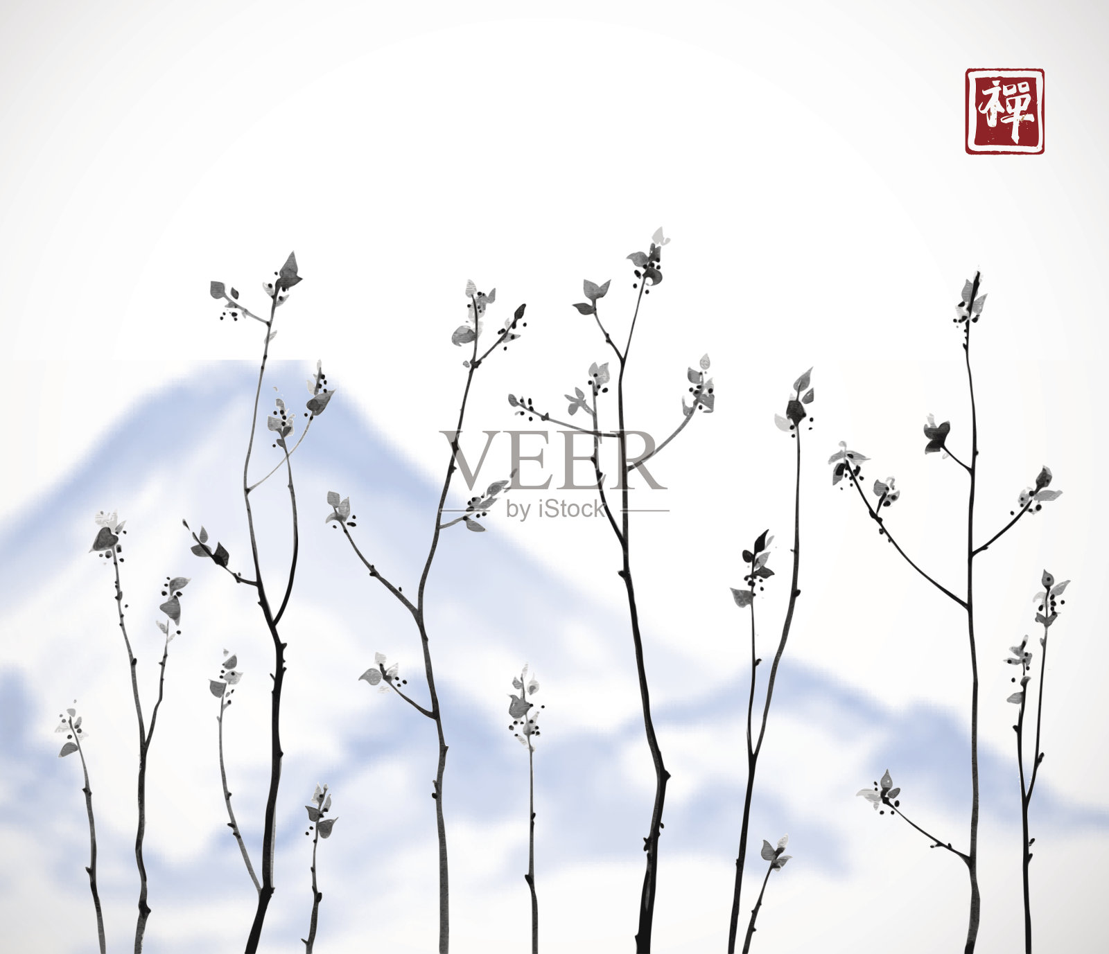 树枝上有新鲜的叶子和蓝色的山在白色的背景。象形文字——禅宗。传统的东方水墨画粟娥、月仙、围棋。插画图片素材