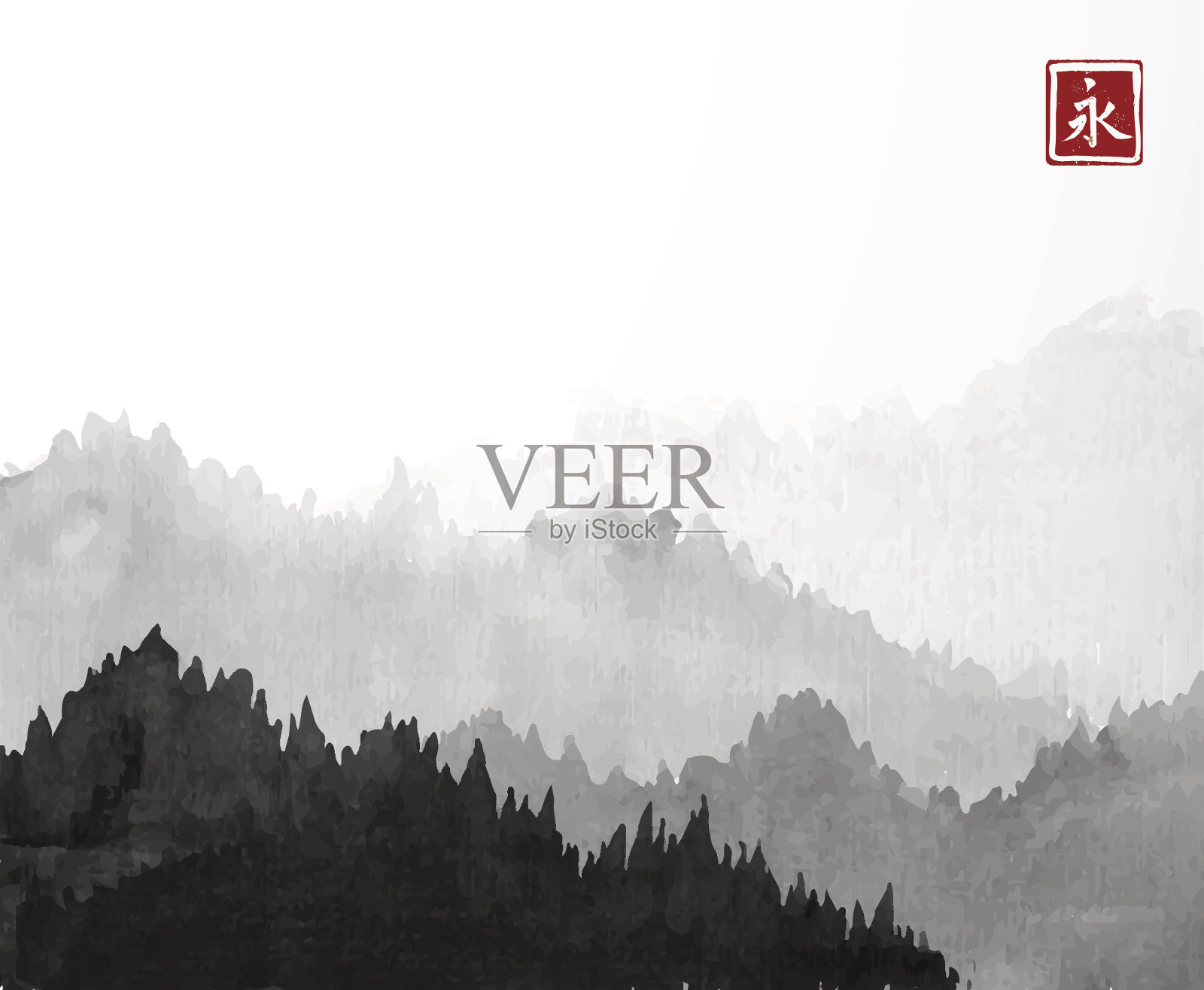 黑山与森林树木在雾在白色的背景。象形文字——永恒。传统的东方水墨画粟娥、月仙、围棋。插画图片素材