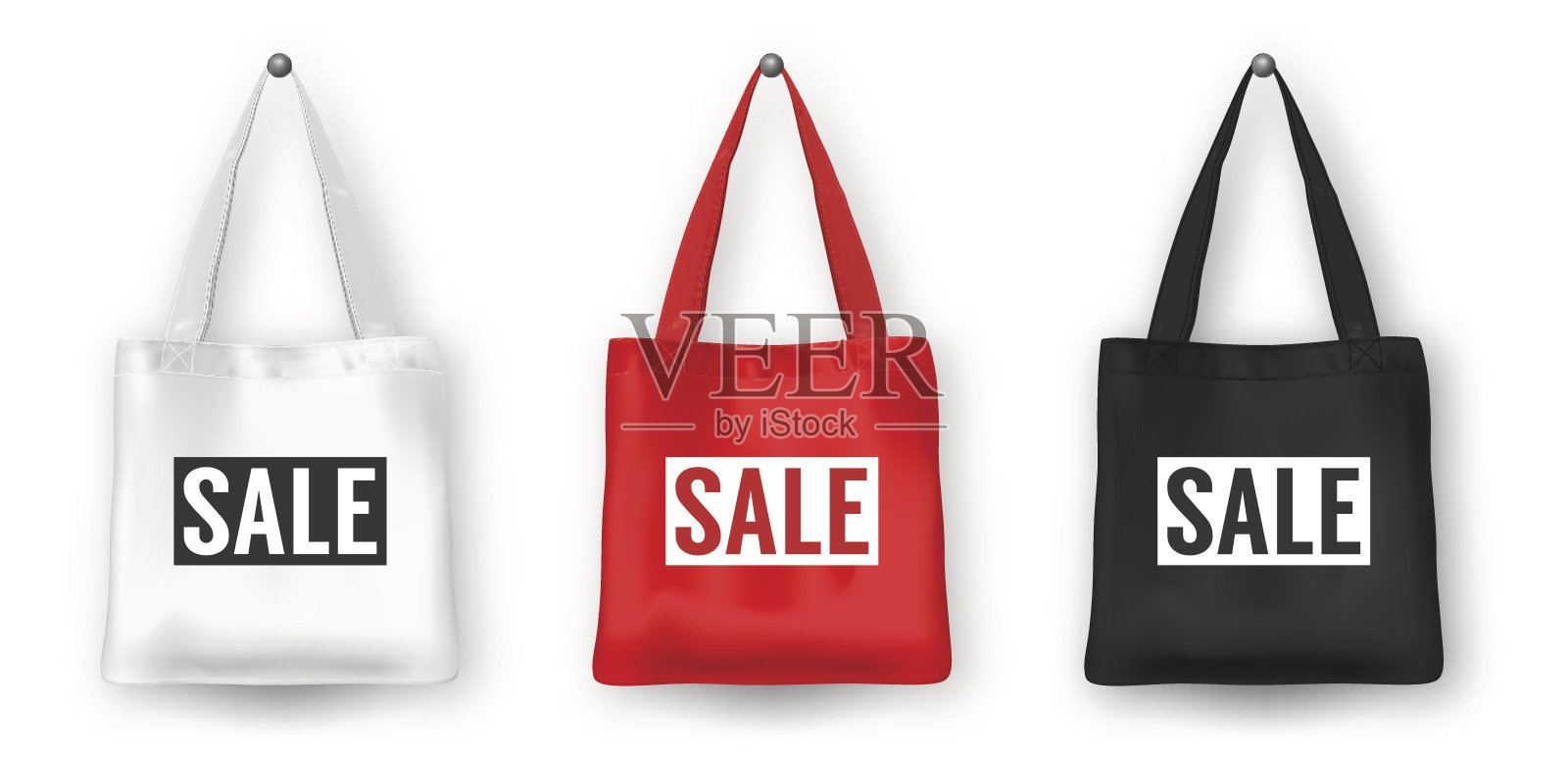 现实向量黑色，白色和红色空纺织品购物手提袋图标设置，与字销售。特写孤立在白色背景。为广告，品牌，模型设计模板。EPS10设计元素图片