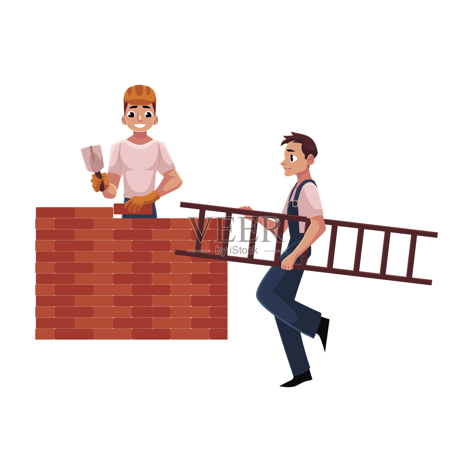 建筑工人，建筑商——砌砖墙，又搬梯子插画图片素材