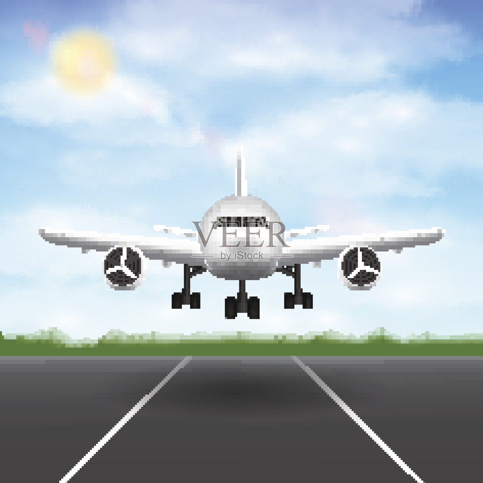 飞机降落在机场跑道上的天空背景插画图片素材