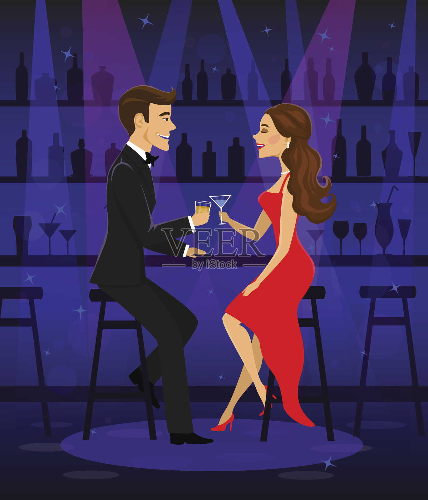 男人和女人晚上出去约会，浪漫优雅的情侣坐在吧台前，喝着鸡尾酒插画图片素材