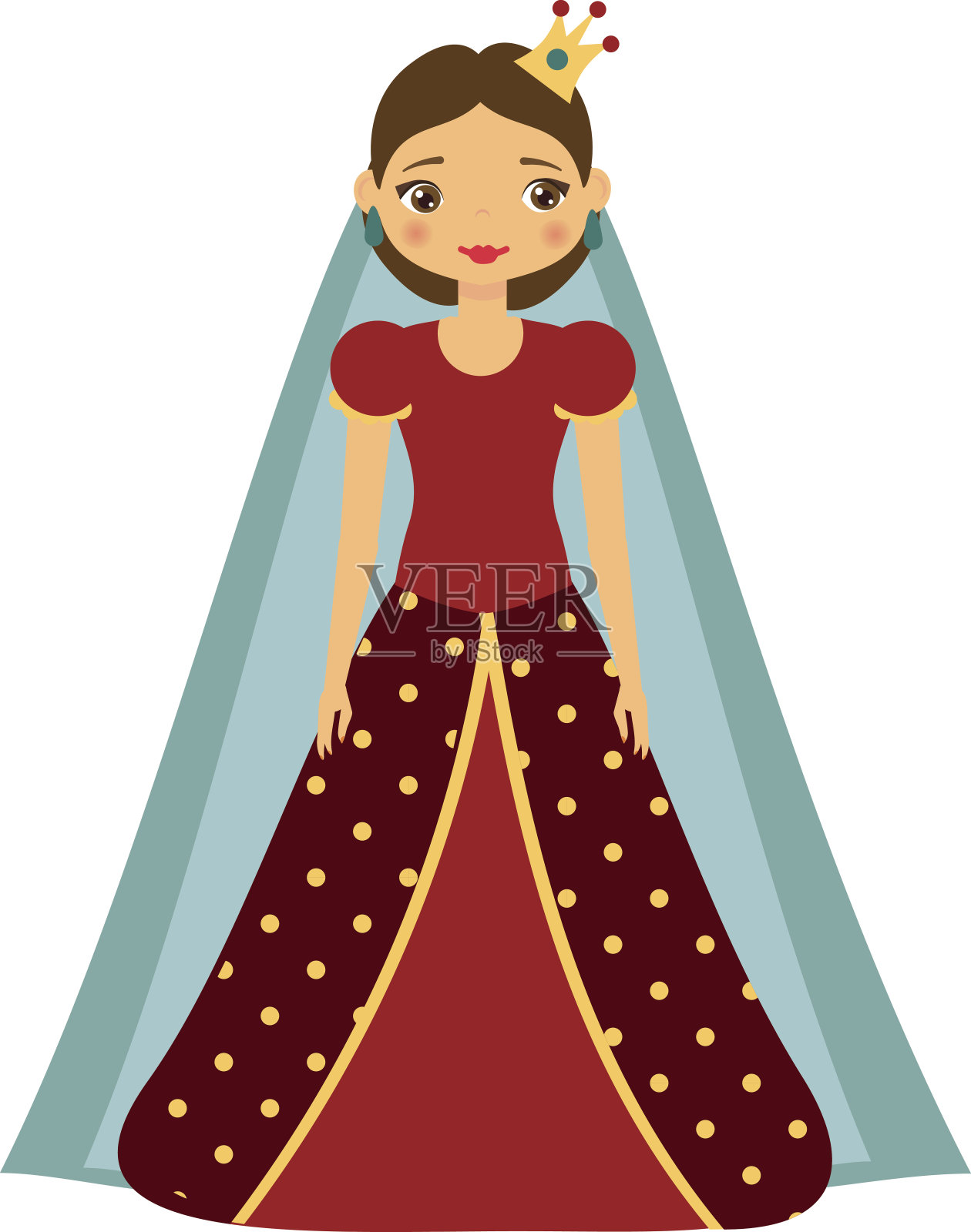 可爱可爱的童话公主穿着红色的裙子和皇冠。穿着女王服装的女孩。卡通风格矢量插图设计元素图片