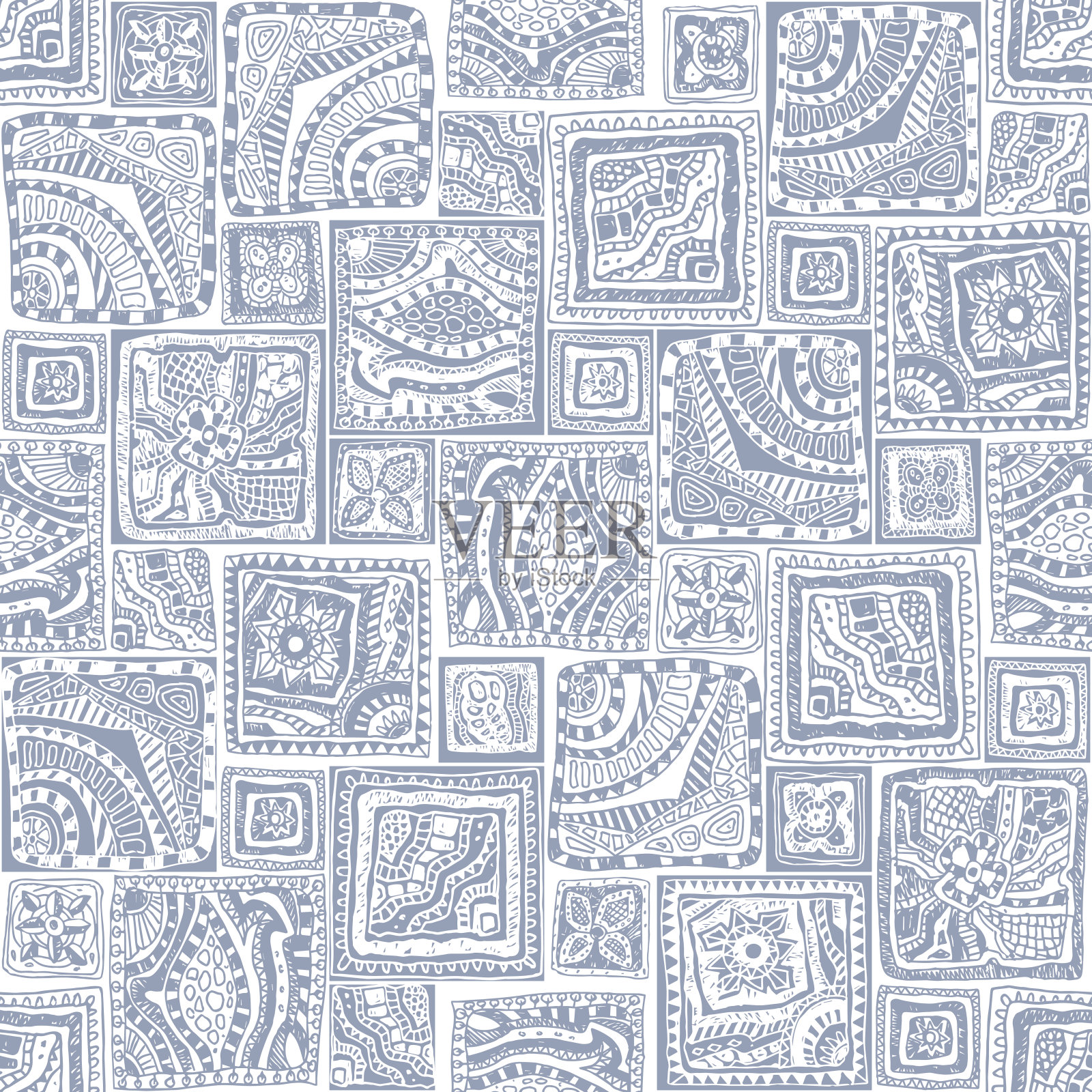 向量抽象无缝涂鸦图案从蓝色和白色手绘几何装饰，波浪条纹和幻想叶与花。美国印第安人、阿兹特克人、秘鲁传统的织物复古拼接装饰插画图片素材