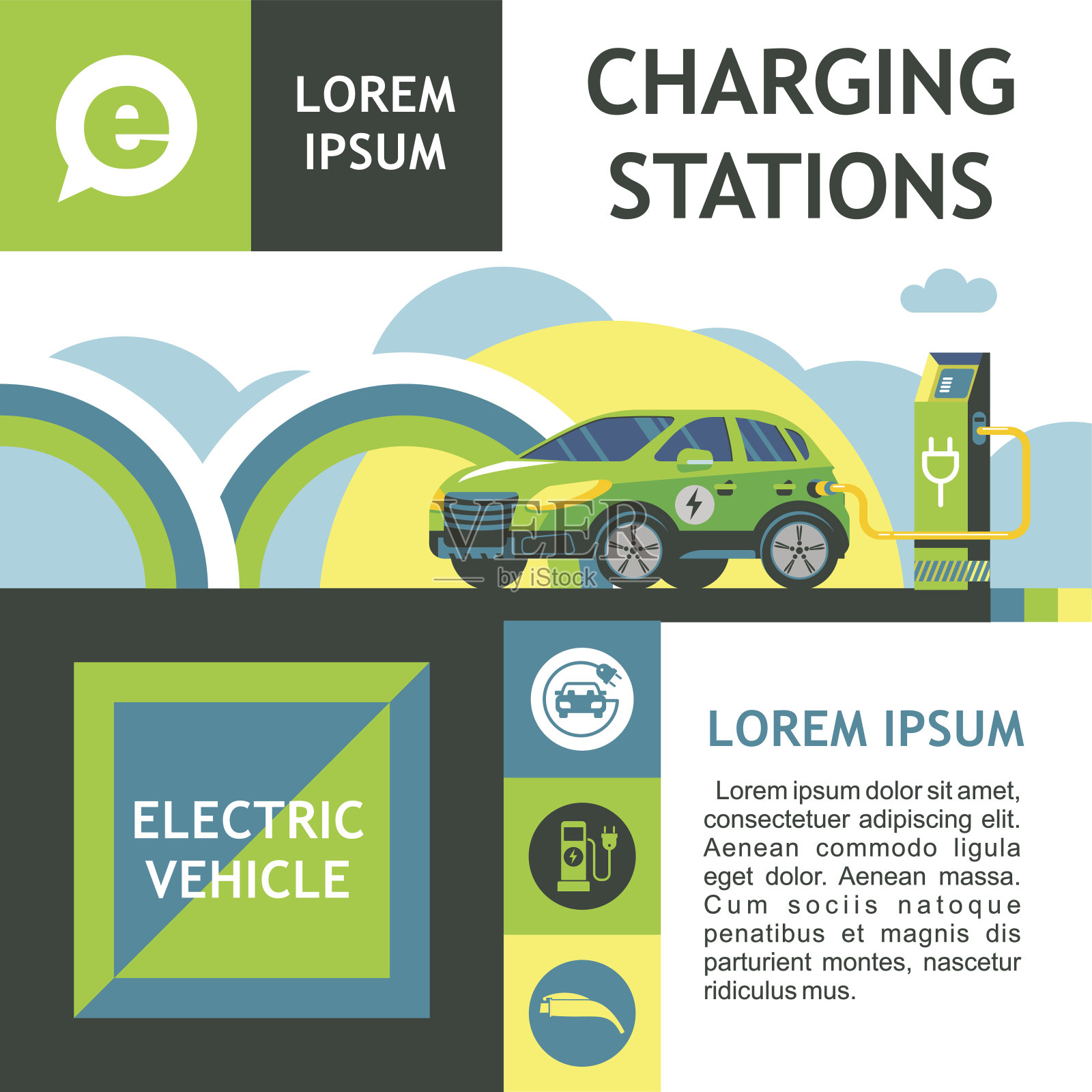 电动汽车在充电站。电动汽车服务。矢量插图。设计模板素材