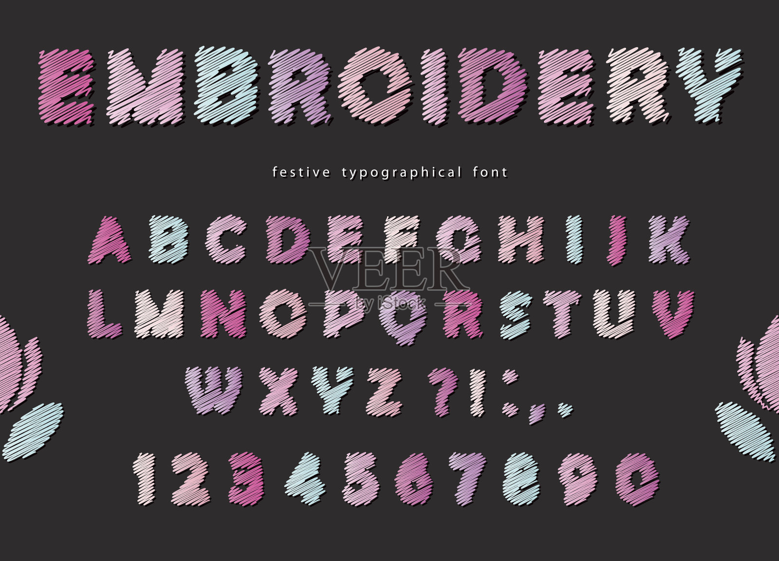 刺绣字体设计。可爱的ABC字母和数字柔和的颜色在黑色的背景。设计元素图片
