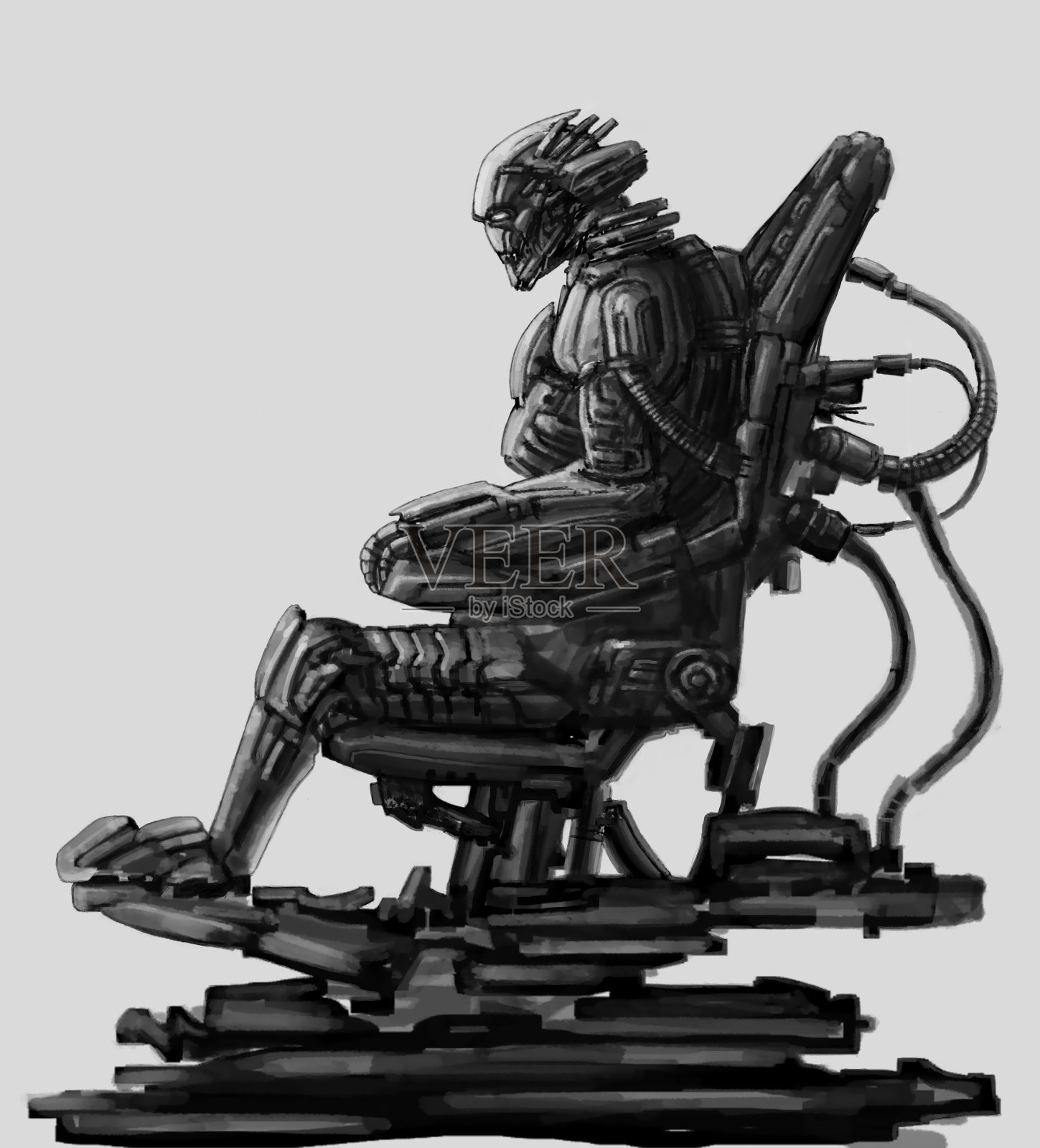 黑魔王穿着西装坐在铁王座上。科幻小说插图。插画图片素材