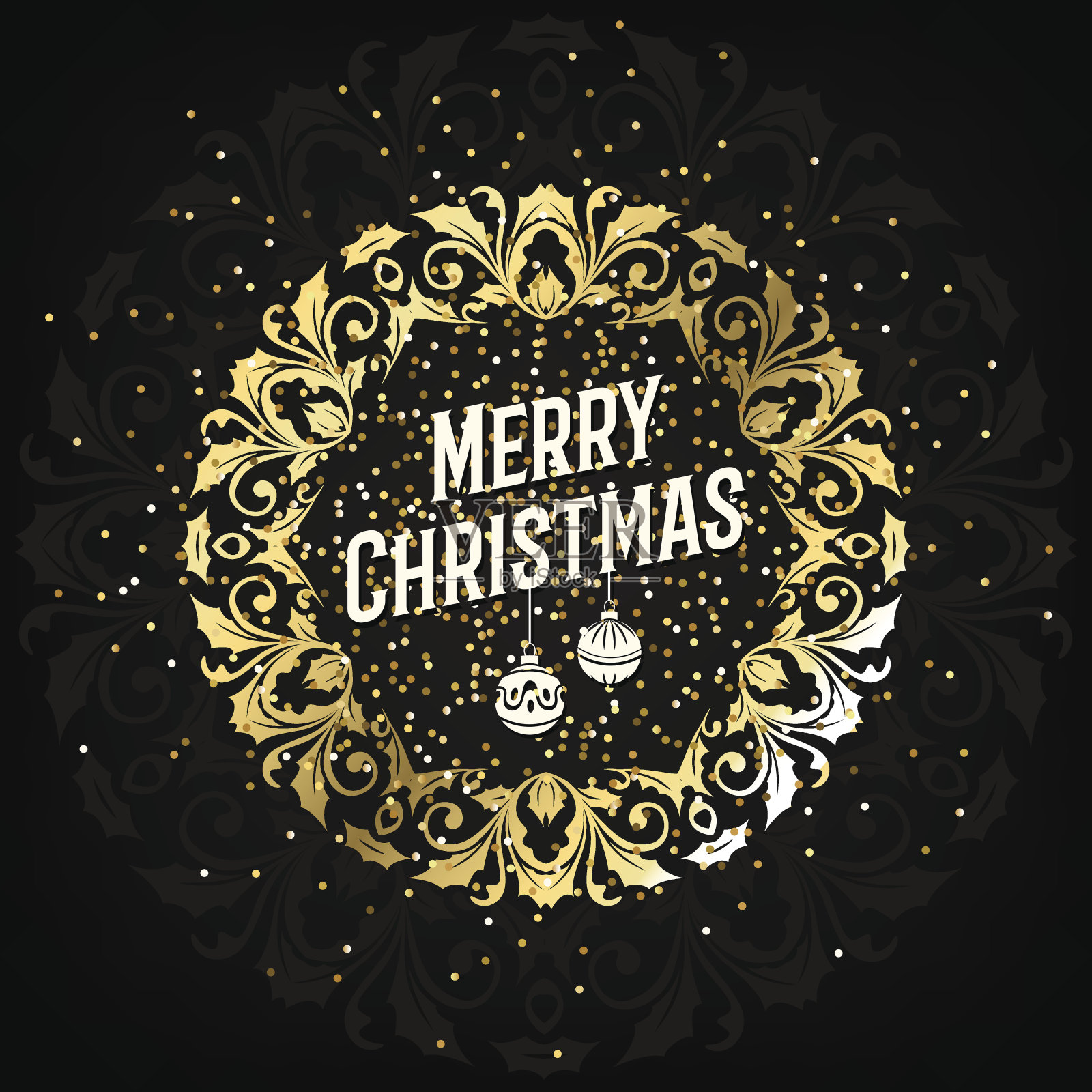 圣诞贺卡与冬青装饰框架，金色纹理和黑色背景设计模板素材
