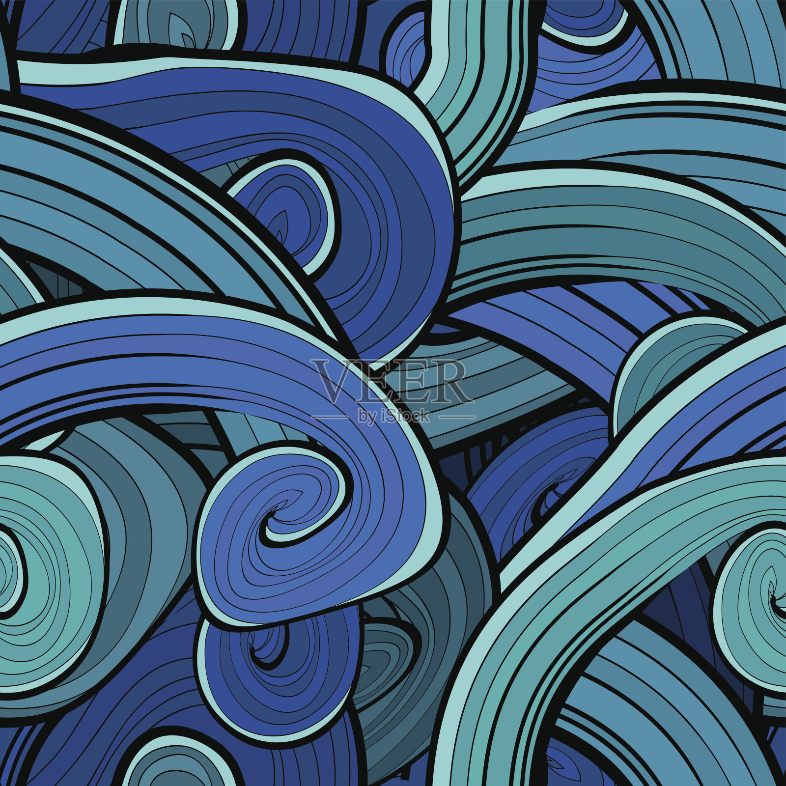 抽象无缝蓝水背景，图案以波浪、线条为设计元素。矢量波状纹理。插画图片素材