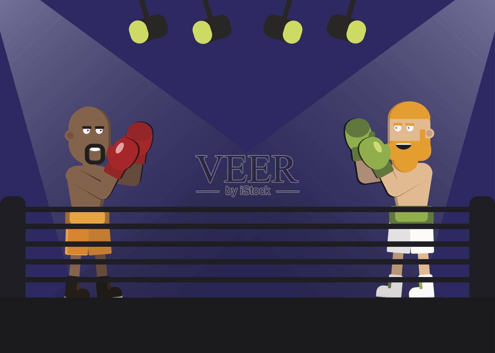 两个人在打拳击。在比赛中面对面战斗。穿着黄色短裤的拳击手和留着大胡子的白裤子的拳击手。illsutration插画图片素材