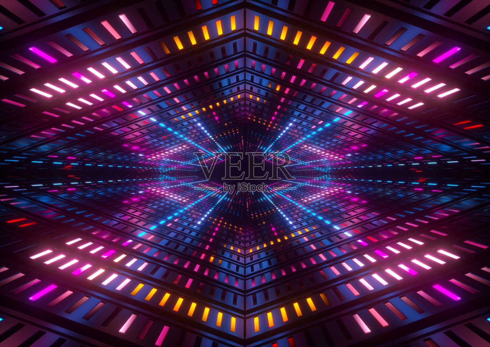 3d渲染，粉蓝黄霓虹灯，明亮多彩的隧道，抽象的几何背景背景图片素材