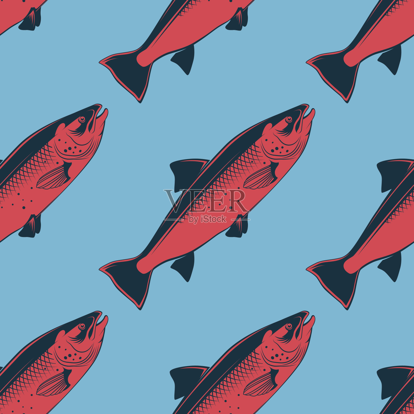海鲜无缝模式与粉色鲑鱼，矢量插图插画图片素材