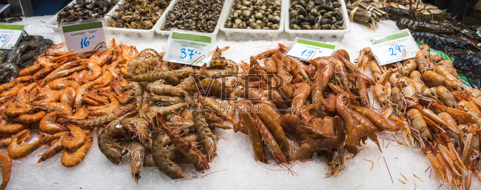 生虾各种各样的背景与特写在La Boqueria市场，巴塞罗那照片摄影图片