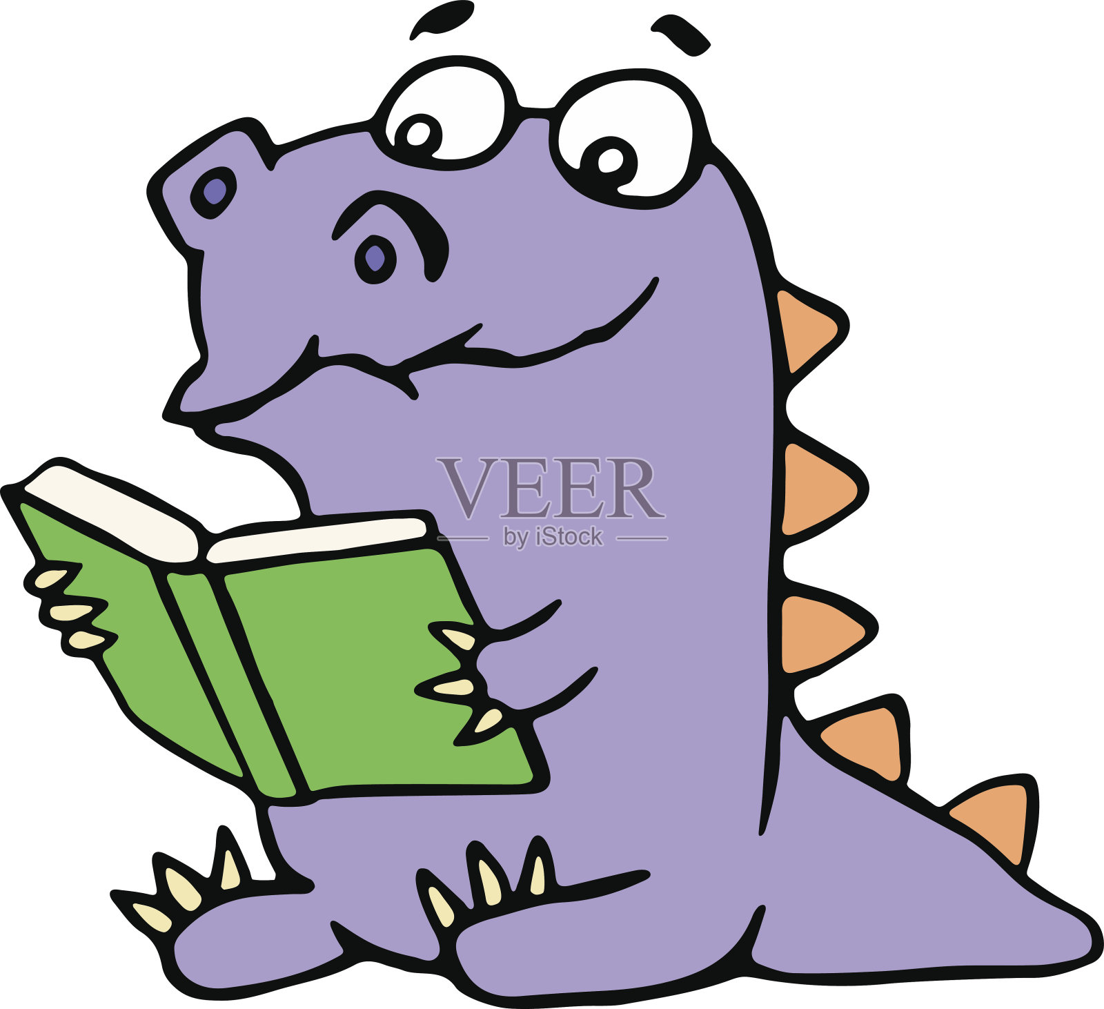 快乐的紫龙坐着，戴着眼镜看书。矢量插图。插画图片素材