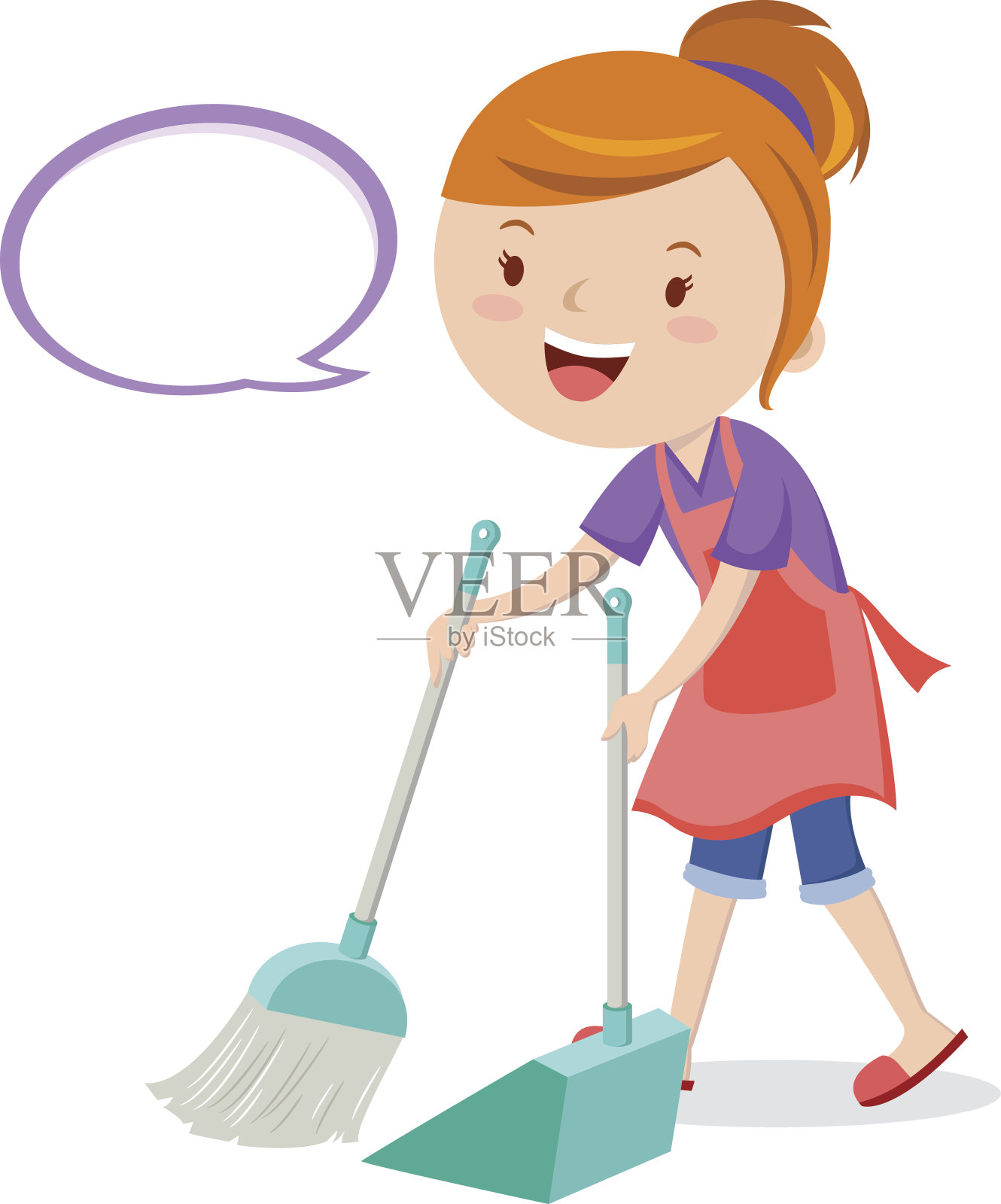 年轻女子用扫帚扫地插画图片素材