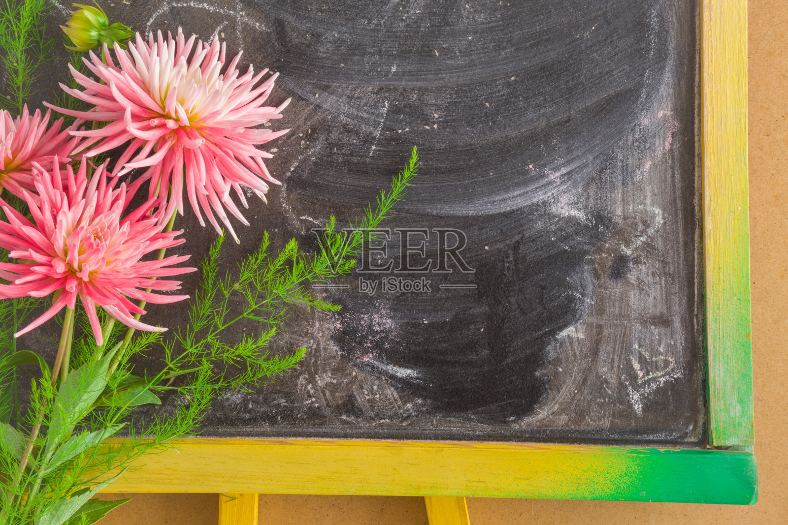 带有鲜紫菀花的贺卡。教育活动的概念。学校黑板上写课文的空地方。照片摄影图片