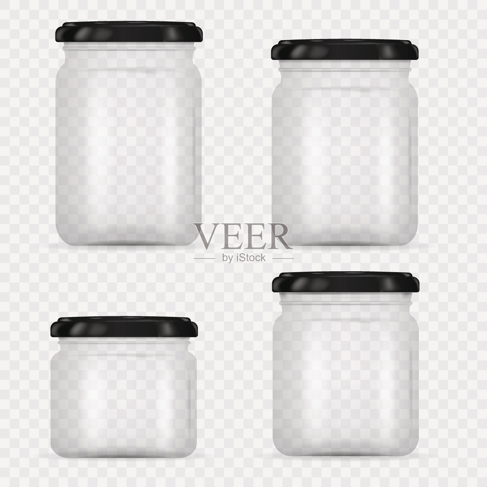 一套玻璃罐罐装和保存。矢量插图孤立在透明的背景。空透明玻璃瓶，带螺旋盖。圆形玻璃罐。插画图片素材