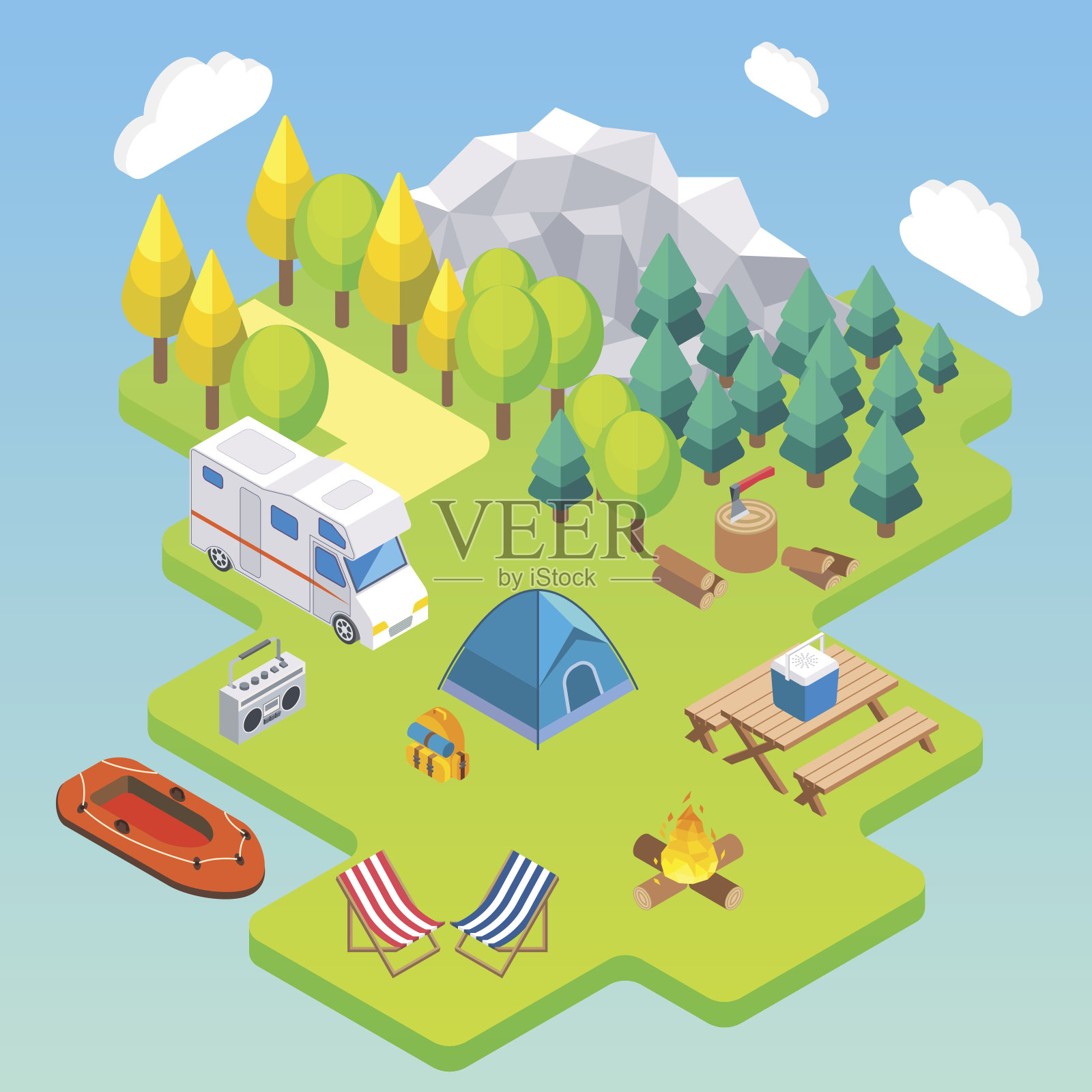 野营等距的概念。矢量插图在平面3d风格。户外露营活动。在山里露营旅行插画图片素材