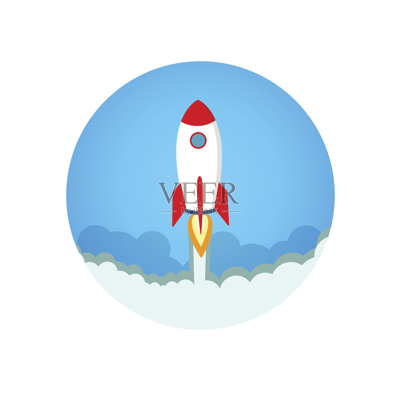 扁平式火箭。启动概念符号太空火箭飞船天空图标插画图片素材