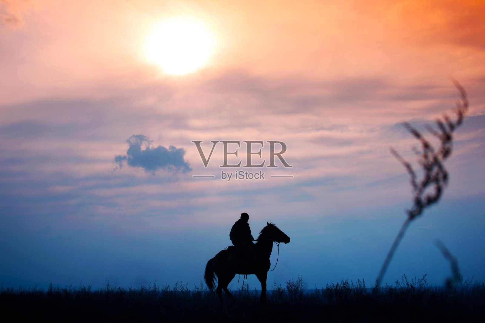 哈萨克斯坦，一名骑在马背上的骑手在五彩缤纷的夕阳中照片摄影图片