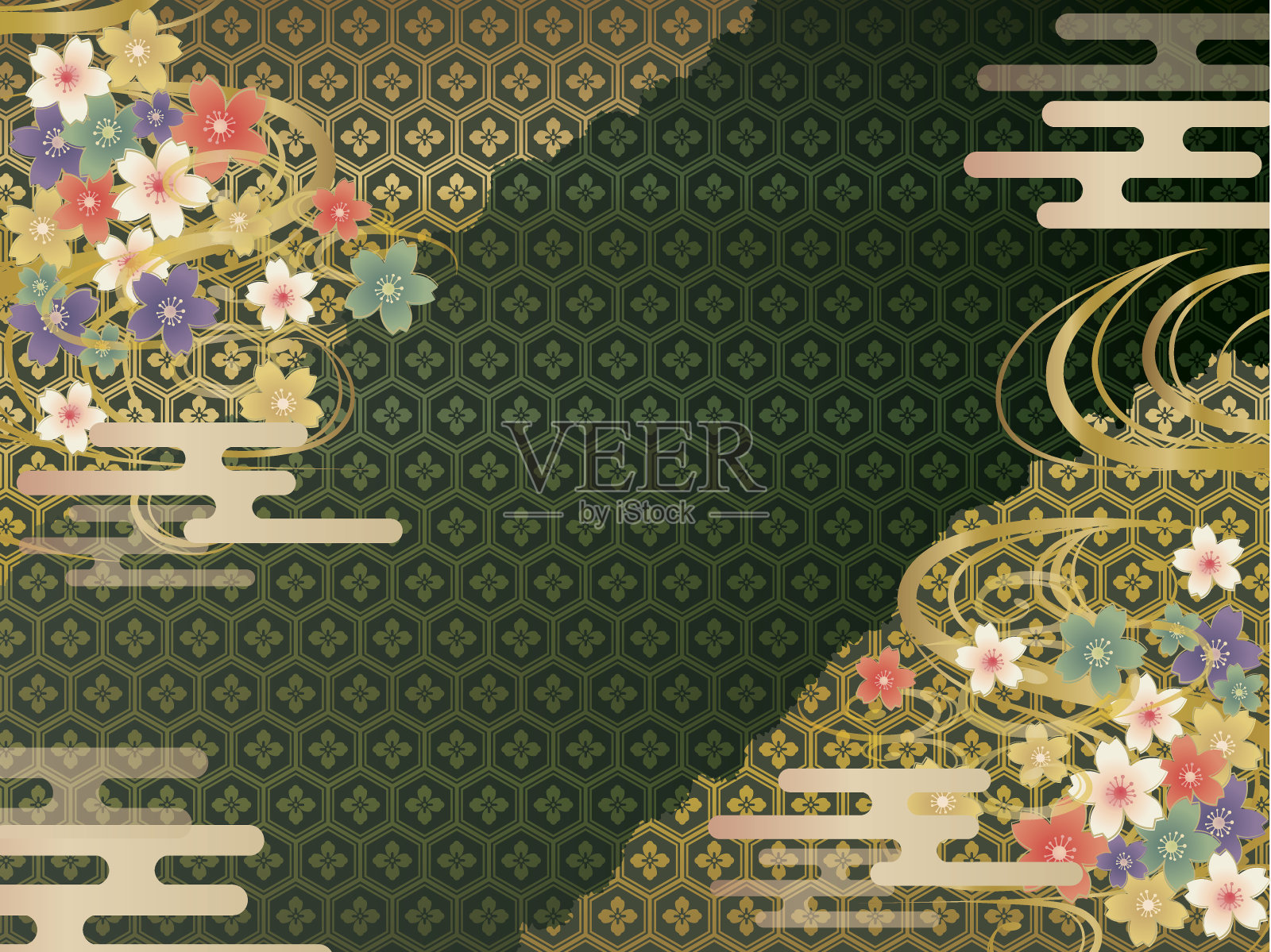 緑と金の和柄の背景素材插画图片素材