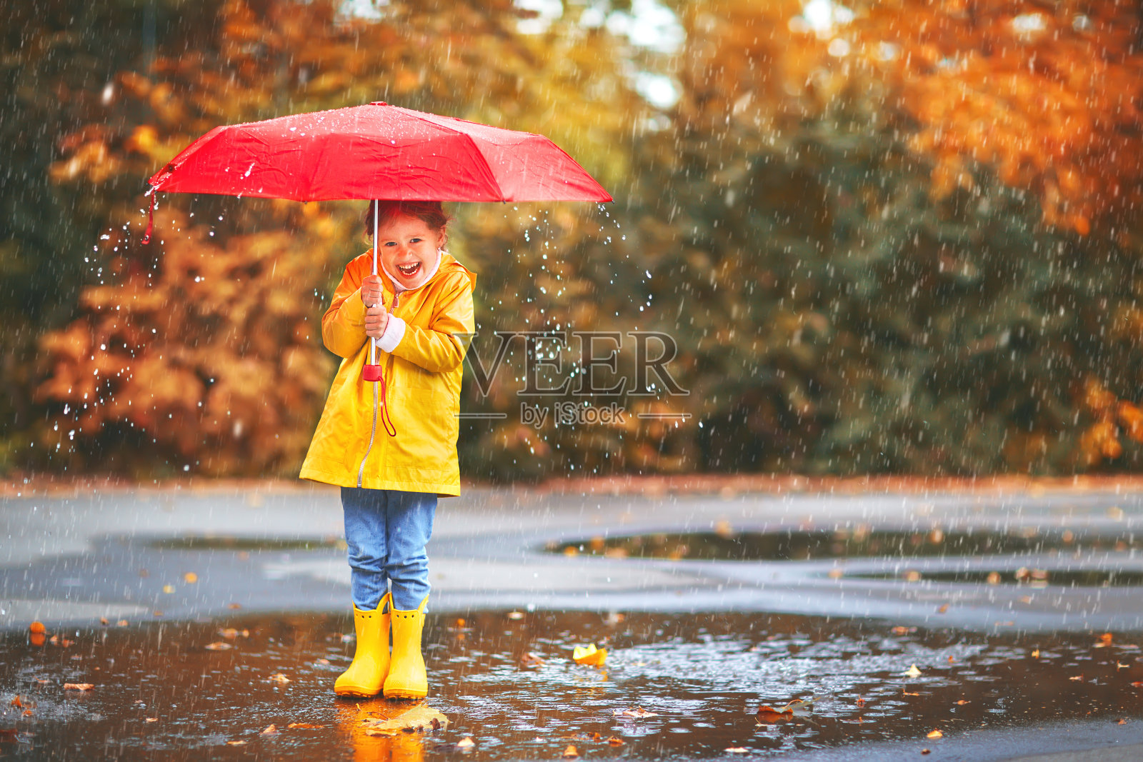 快乐的童女撑着伞，穿着胶靴在水坑里秋日漫步照片摄影图片