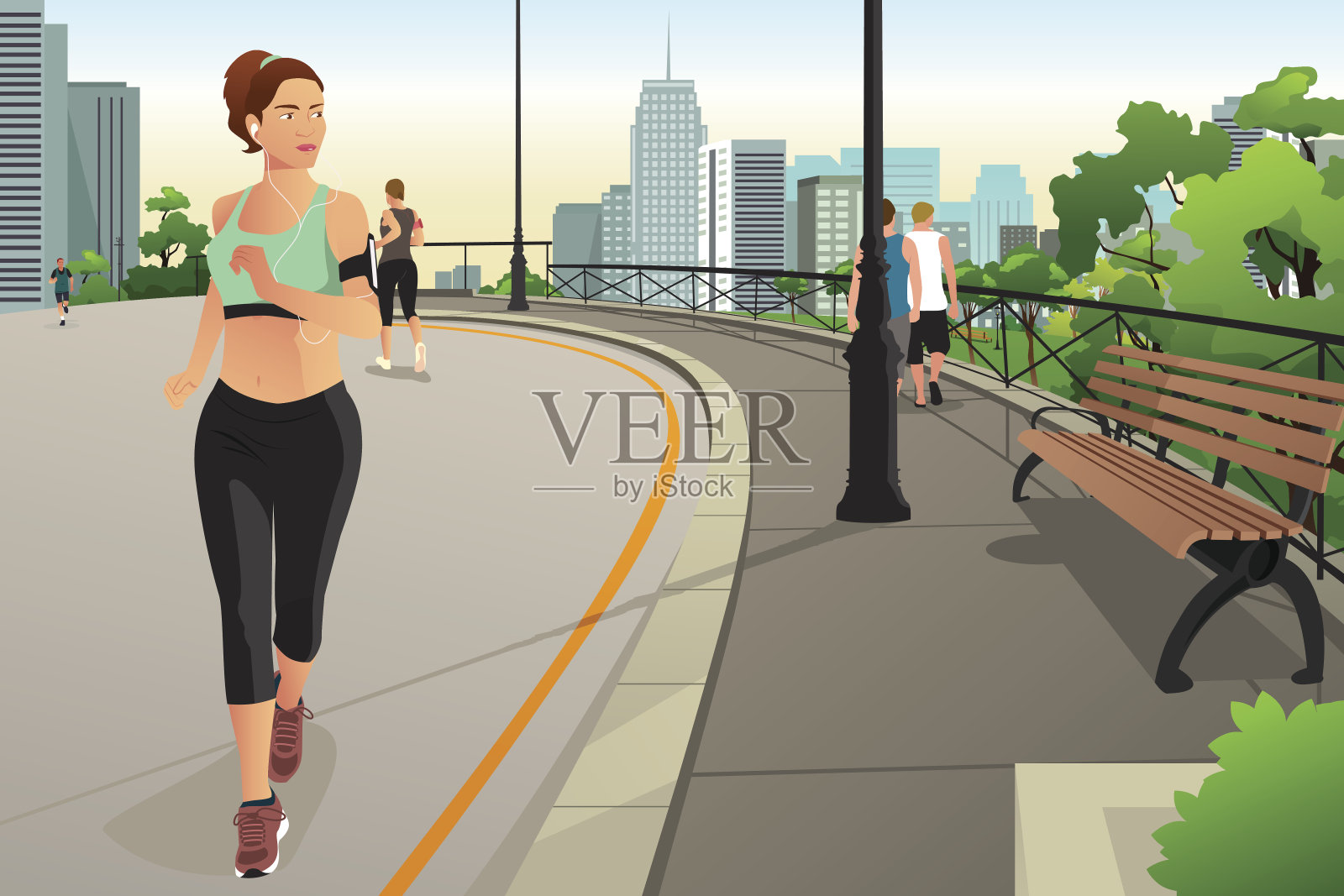 在城市公园里跑步的美丽女人插画图片素材