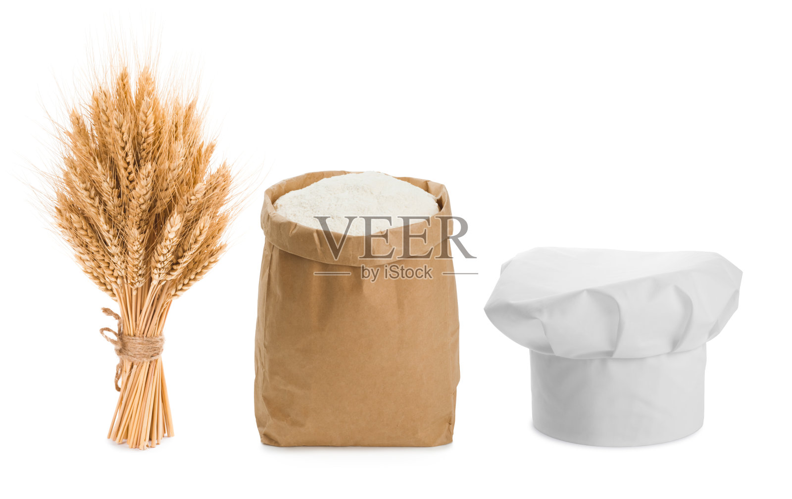 一捆小麦，厨师的帽子和面粉孤立在白色照片摄影图片