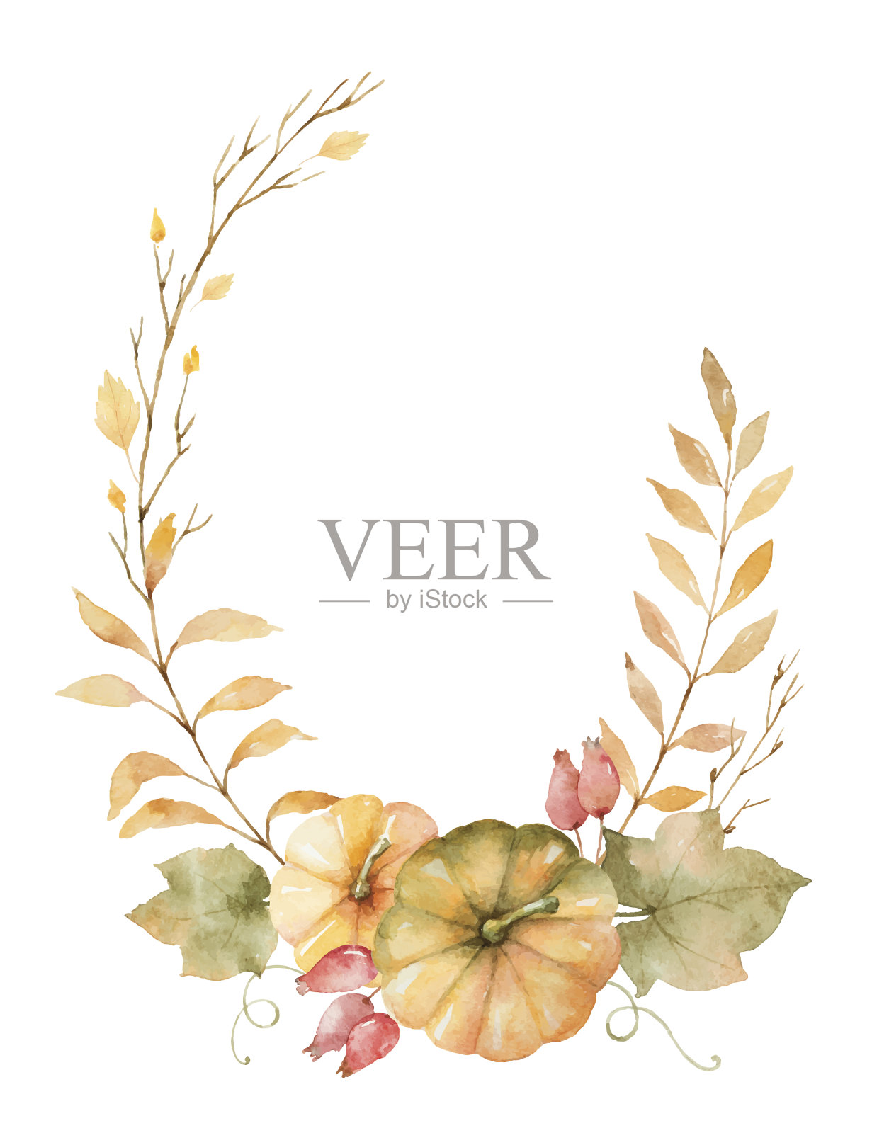 水彩向量秋天花环的叶子，树枝和南瓜孤立在白色的背景。设计元素图片