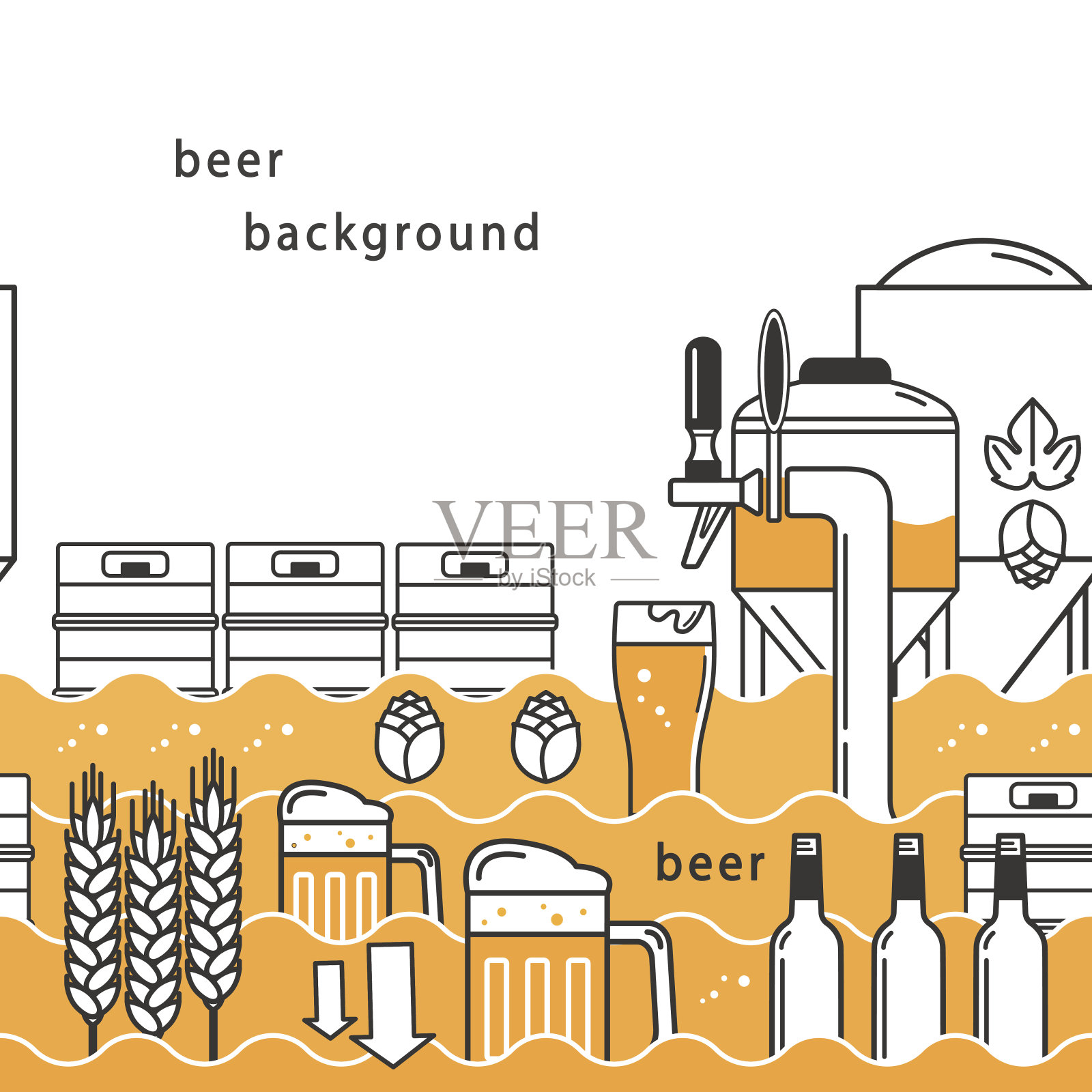 无缝线性矢量模式啤酒，酒桶，小麦，啤酒花，瓶子，啤酒龙头，马克杯，白色背景上的文字空间。插画图片素材