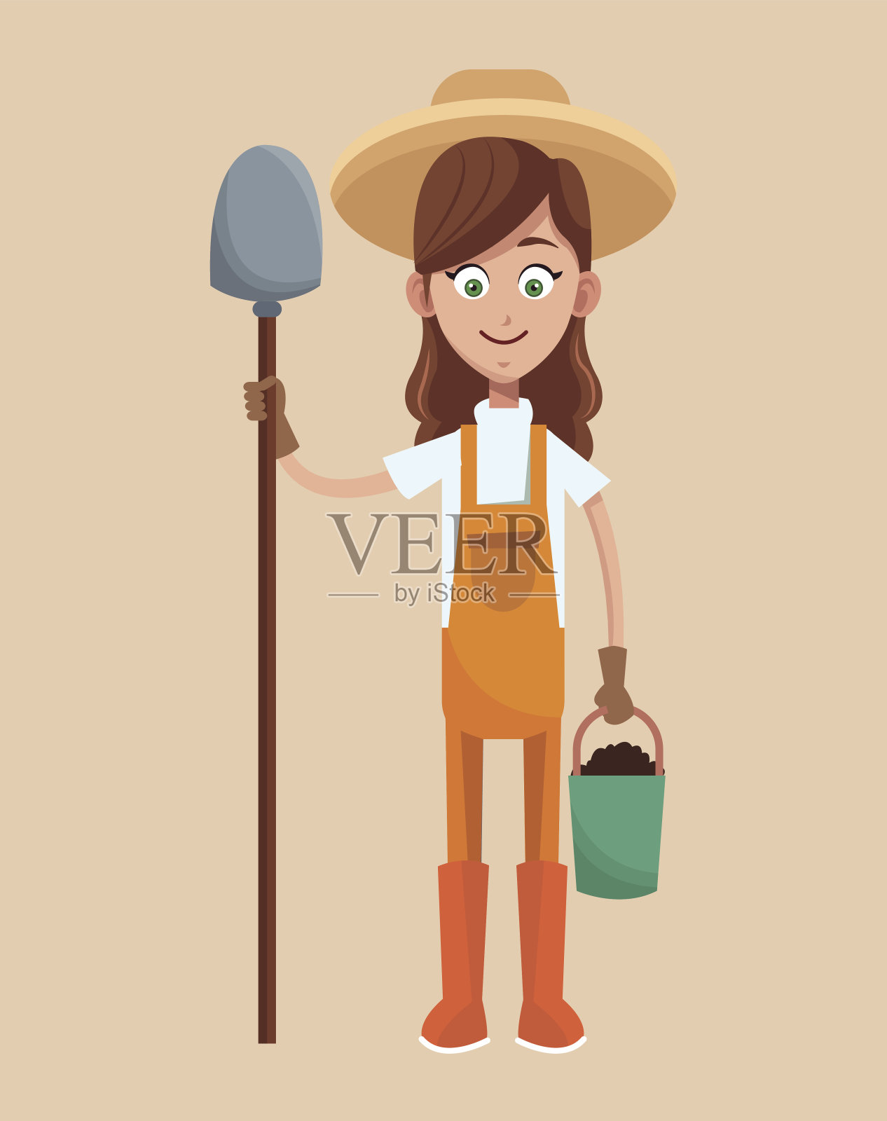 农民女孩草帽铲子和铲斗土插画图片素材