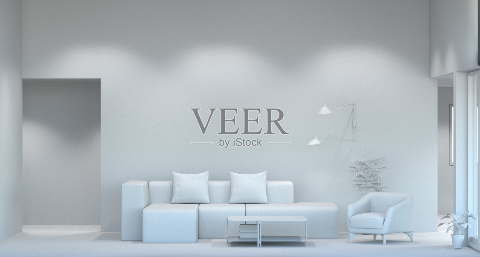 白色客厅现代风格3D插图扶手椅和沙发设置在空的房间照片摄影图片