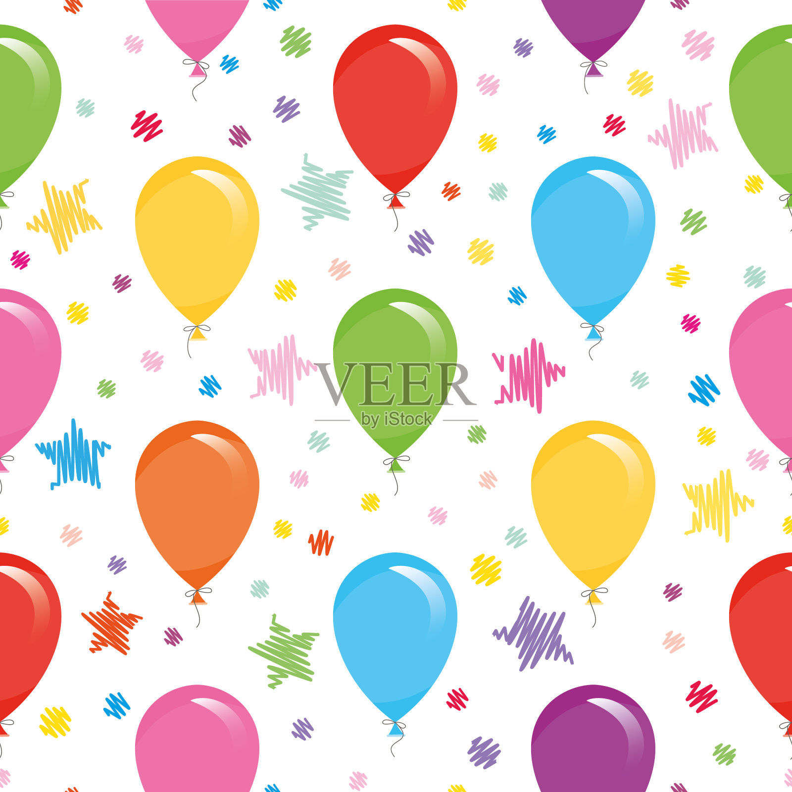 节日无缝图案与彩色气球和五彩纸屑。为生日，宝宝送礼会，节日设计。设计元素图片