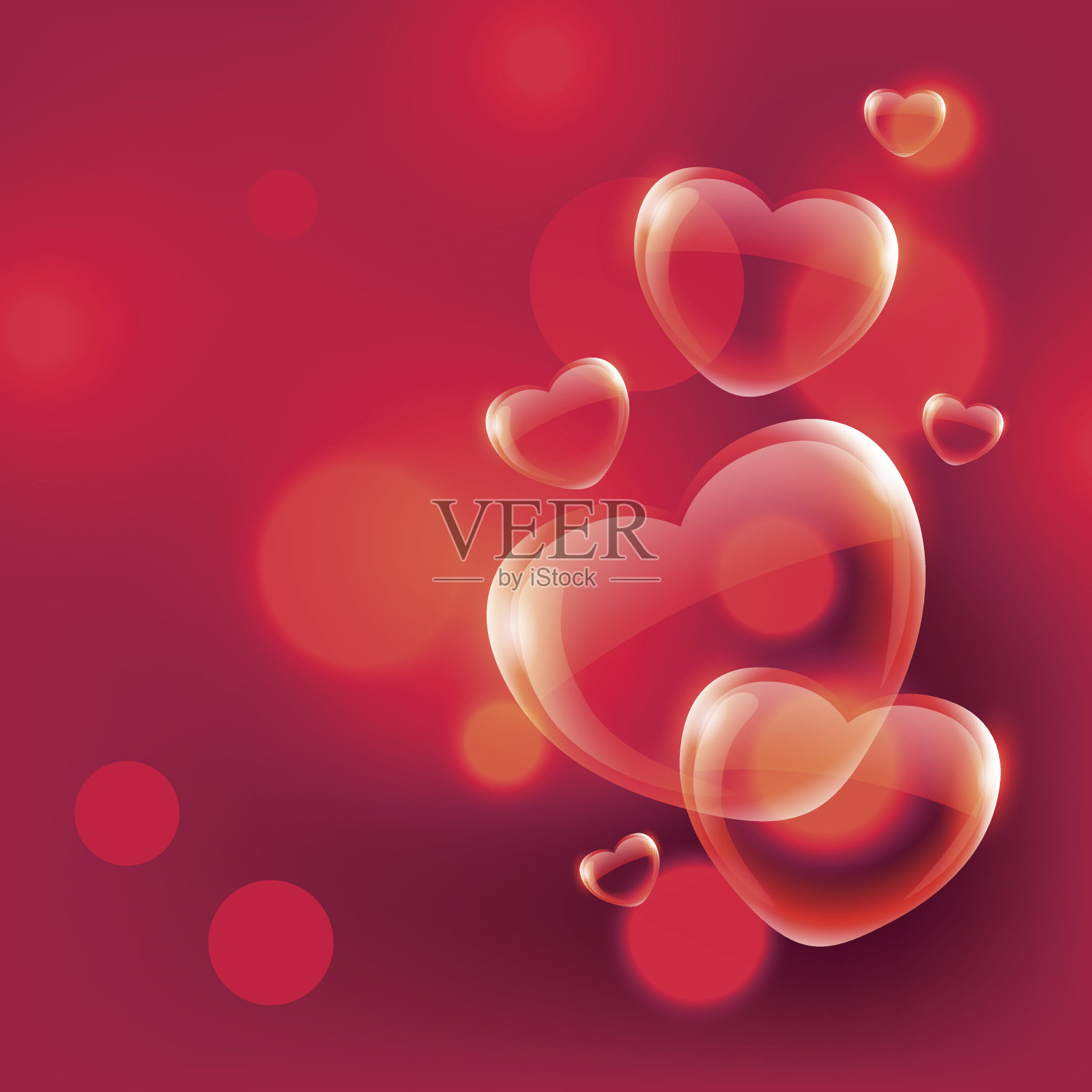 美丽的爱心泡泡漂浮在空中，以红色的散景为背景插画图片素材