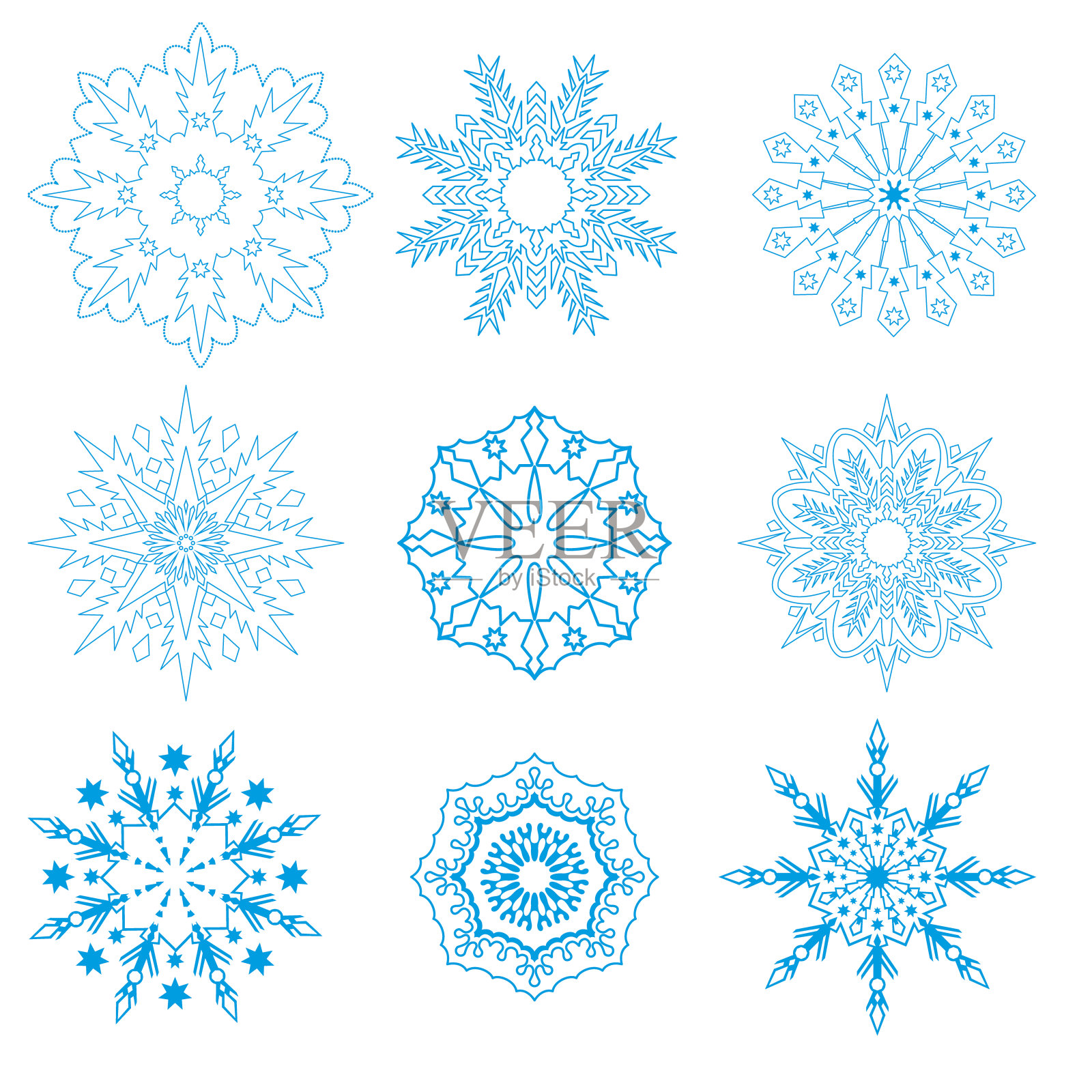 一组不同几何图案的雪花插画图片素材