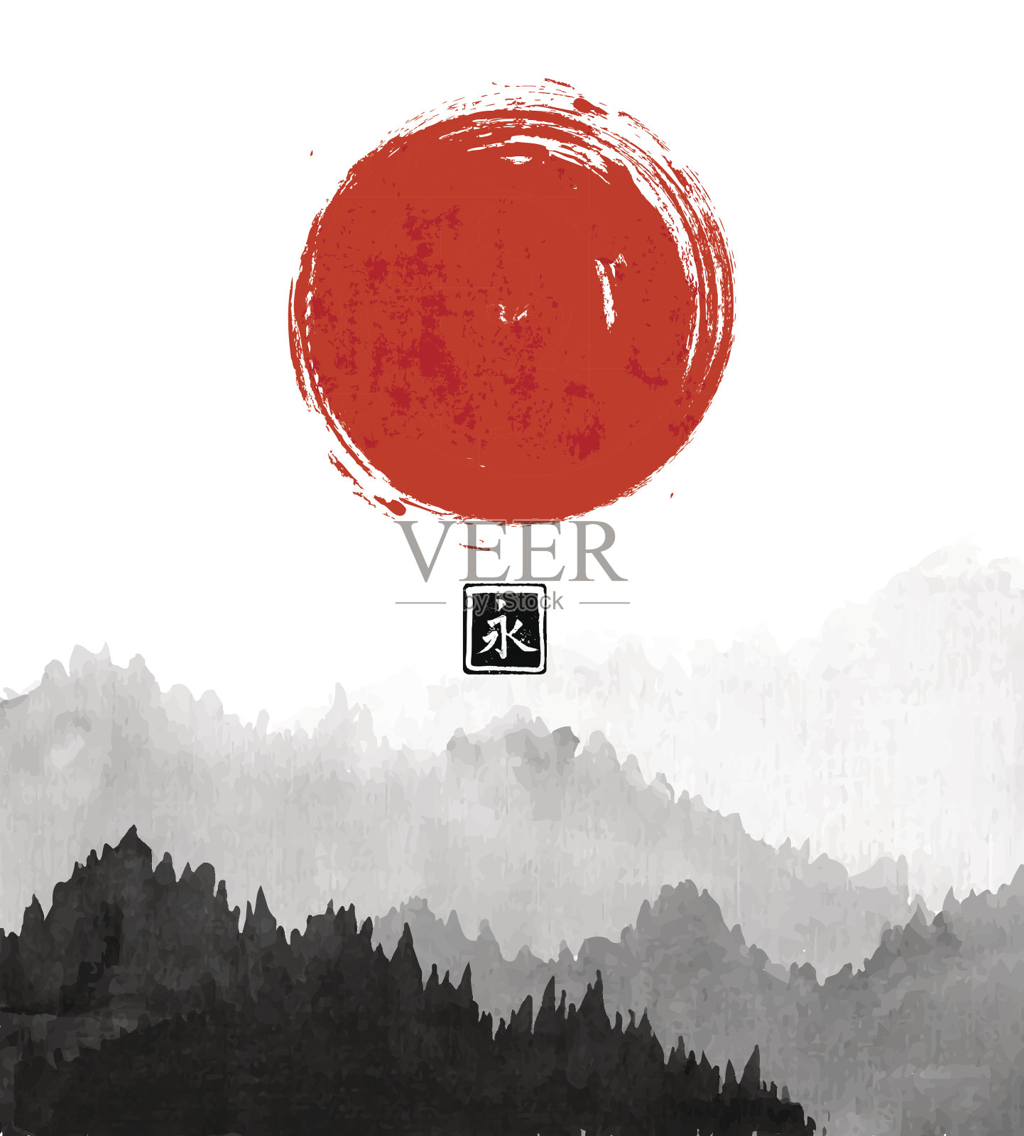 山与森林树木在雾和大红太阳在白色的背景。象形文字——永恒。传统的东方水墨画粟娥、月仙、围棋。插画图片素材