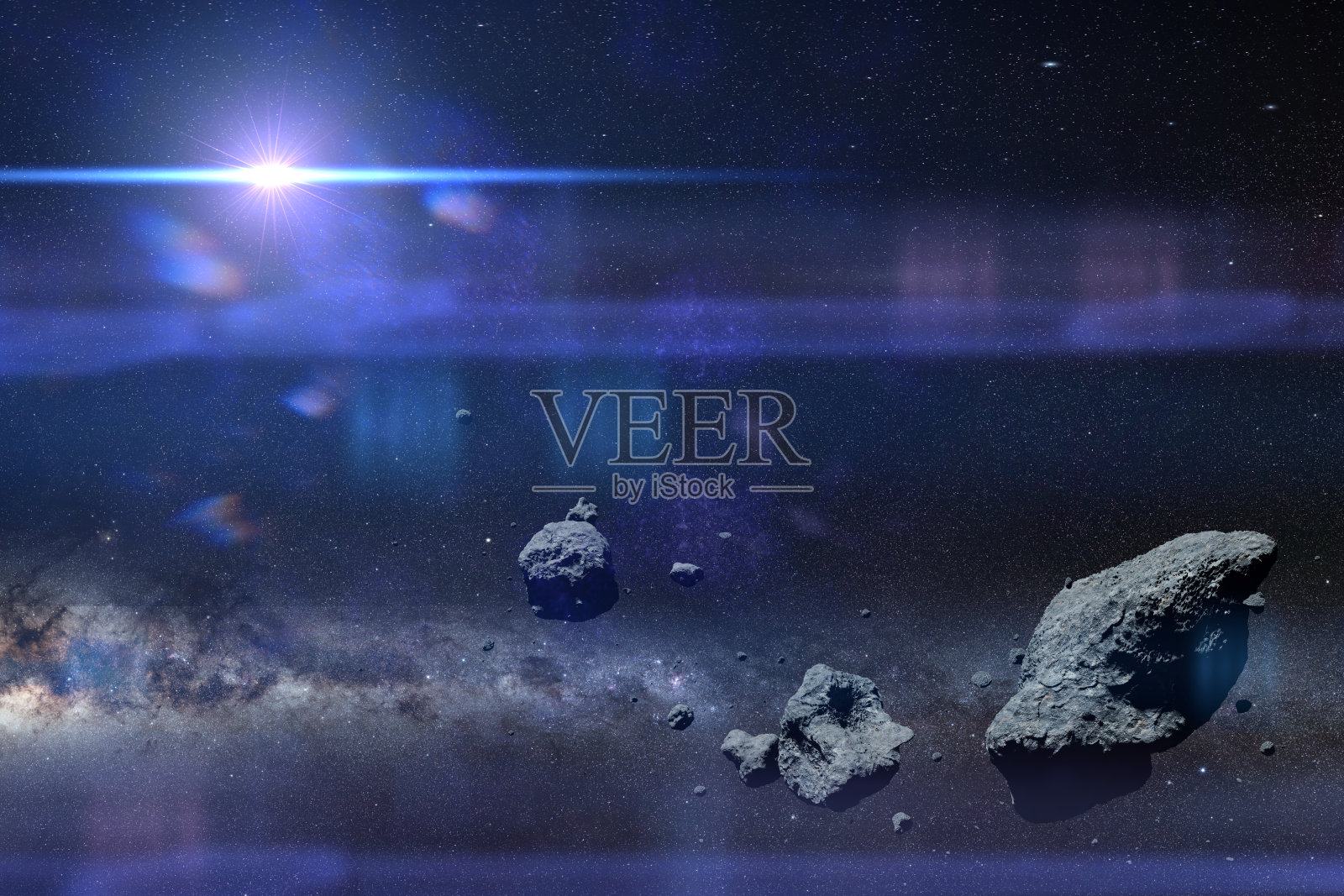 银河系和太阳前面的一群小行星(3d空间插图，图像元素由美国宇航局提供)照片摄影图片