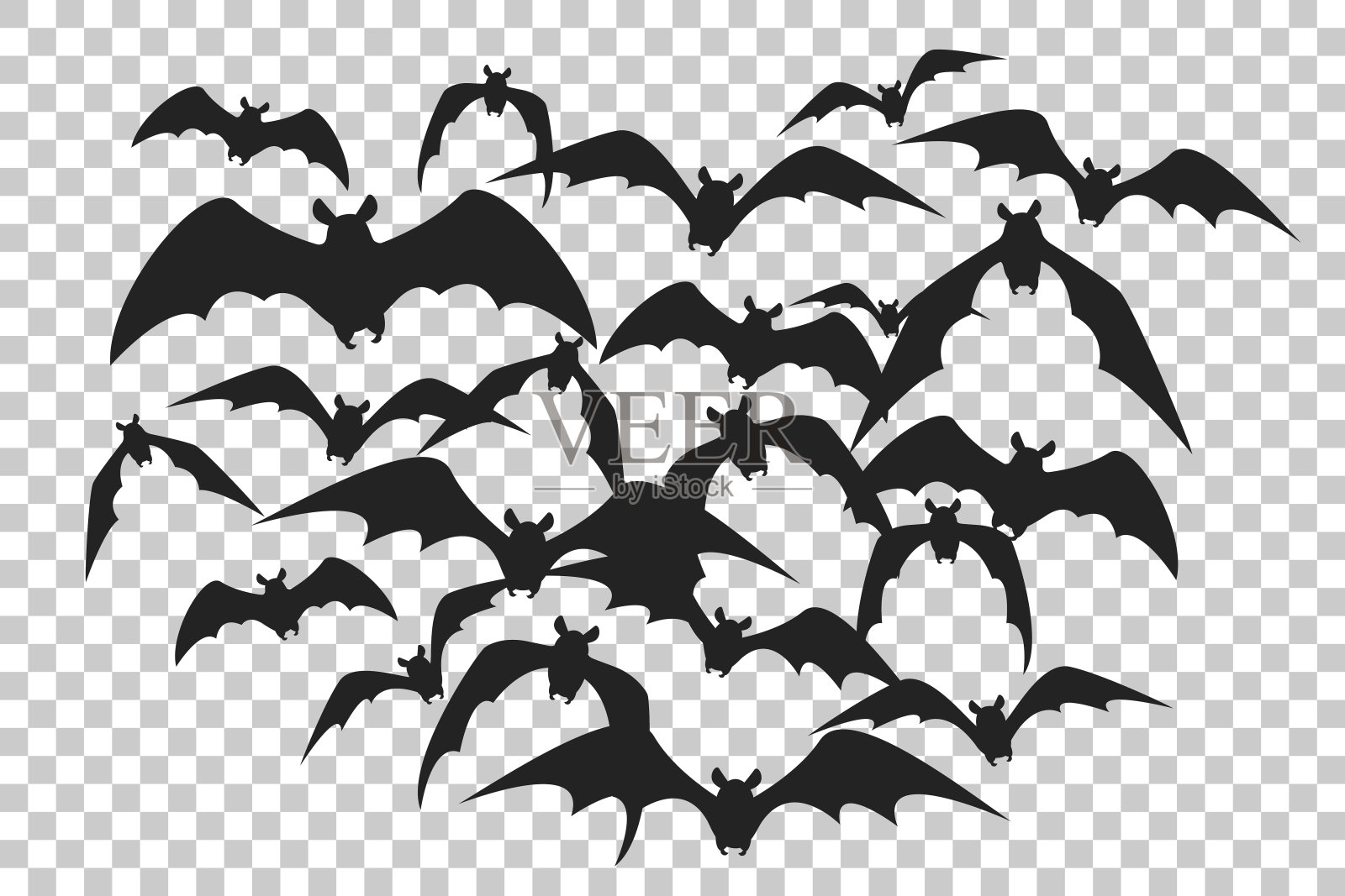 蝙蝠群的黑色剪影。一群蝙蝠被隔离在透明的背景下。万圣节传统设计元素。矢量图设计元素图片