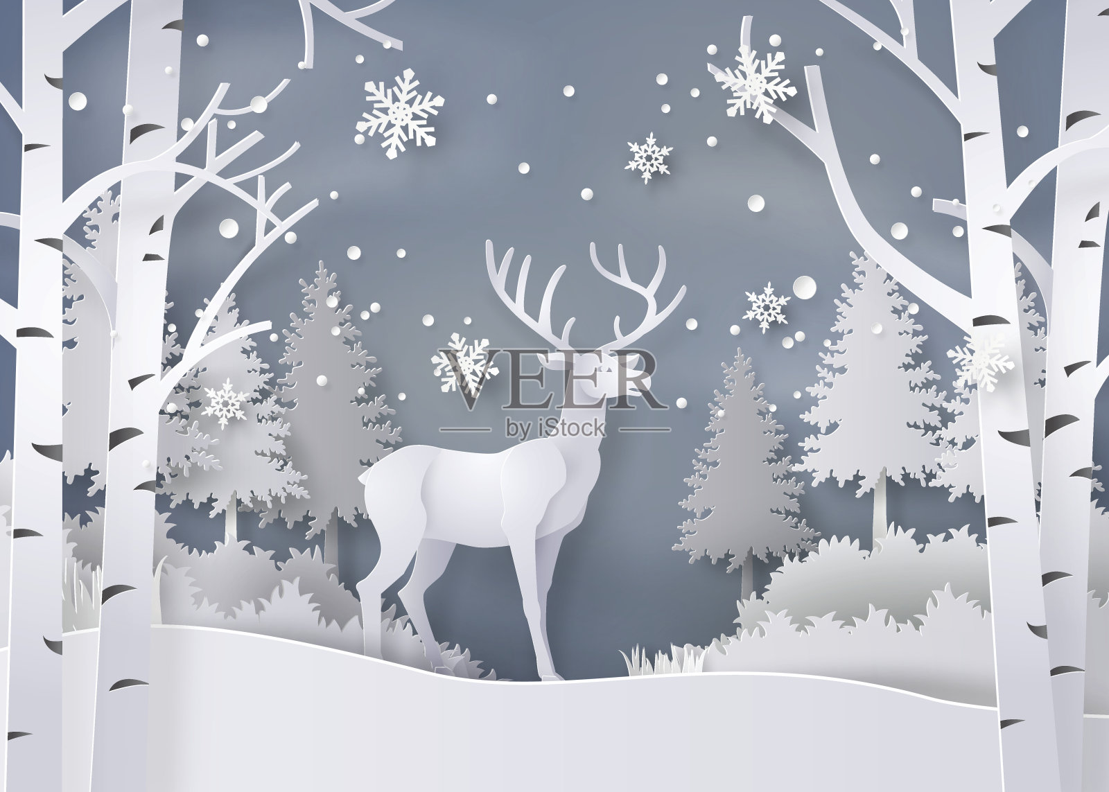鹿在白雪覆盖的森林里。插画图片素材