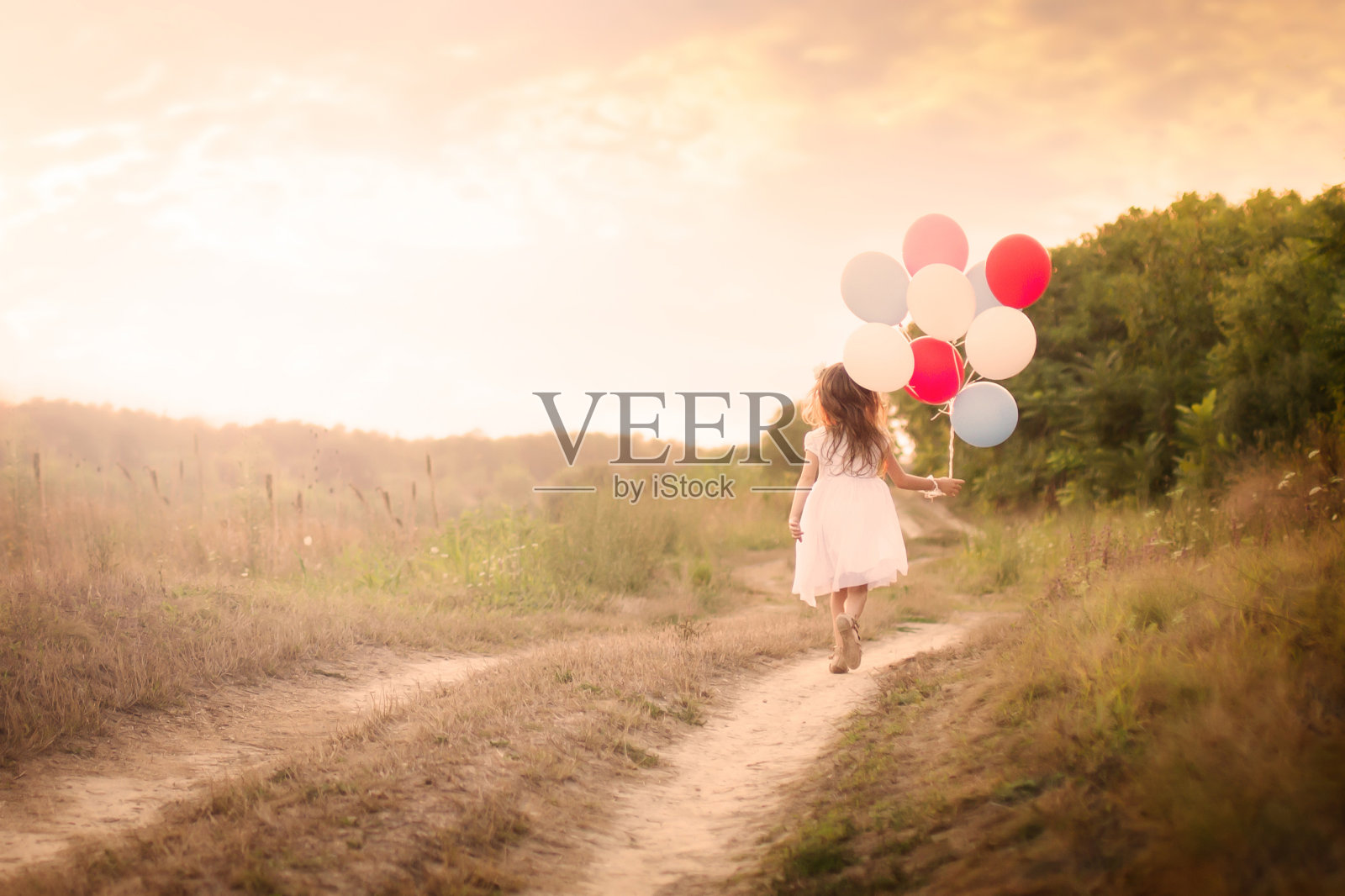 带着彩色气球的小女孩在草地上-后景照片摄影图片